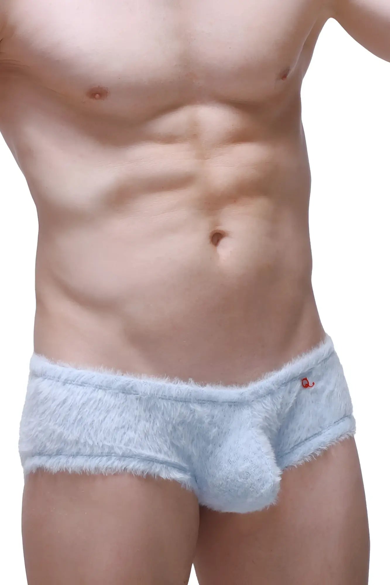 Light blue fuzzy petitq boxer yeti blue men’s underwear with plush textured material and red waistband logo