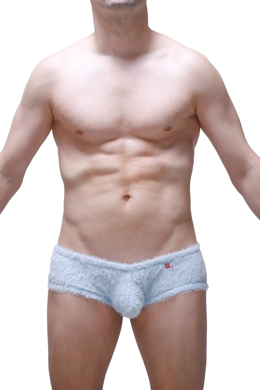 Light blue PetitQ boxer yeti made of textured plush material with a small red logo on the waistband