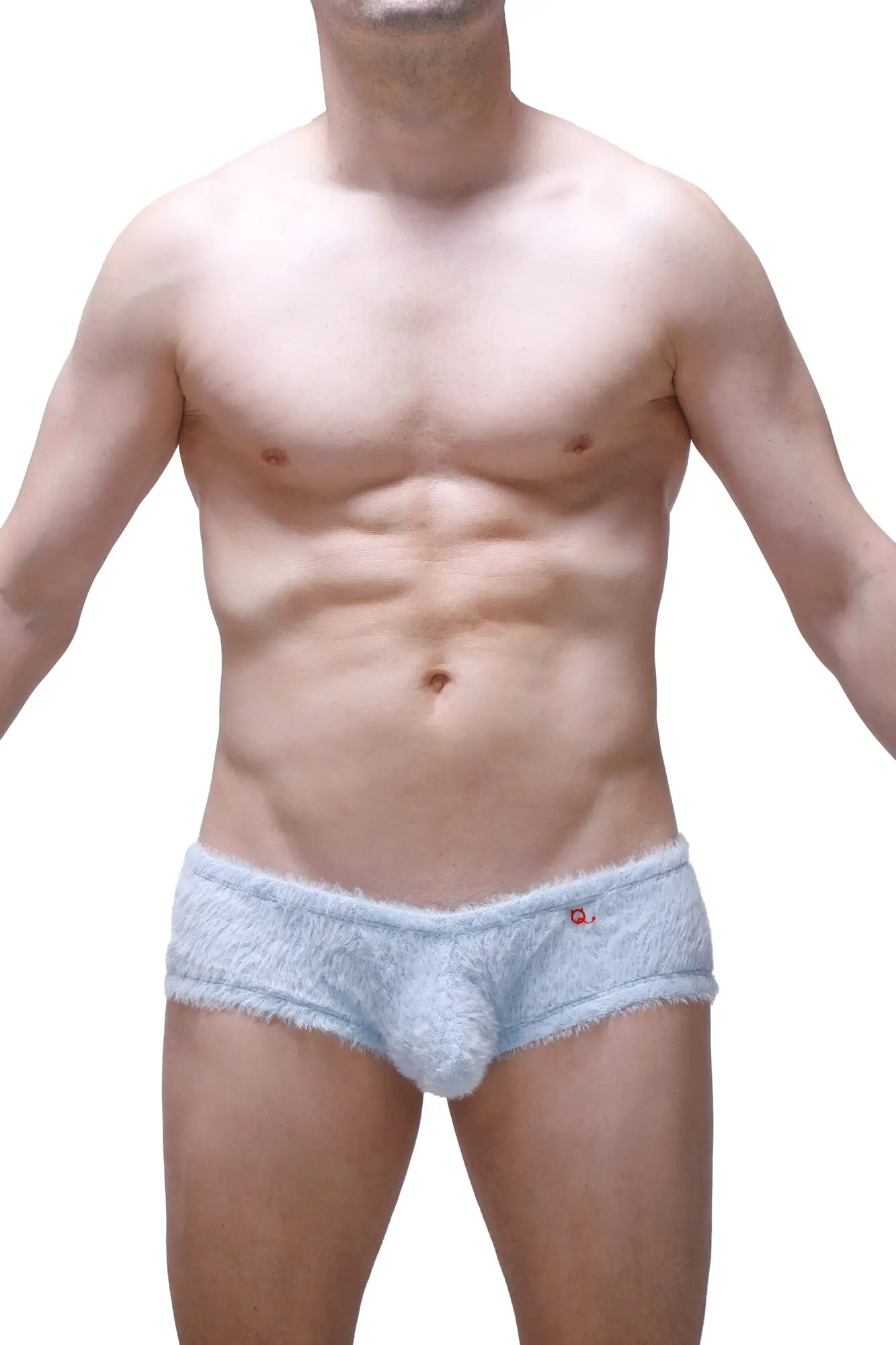 Light blue PetitQ boxer yeti made of textured plush material with a small red logo on the waistband