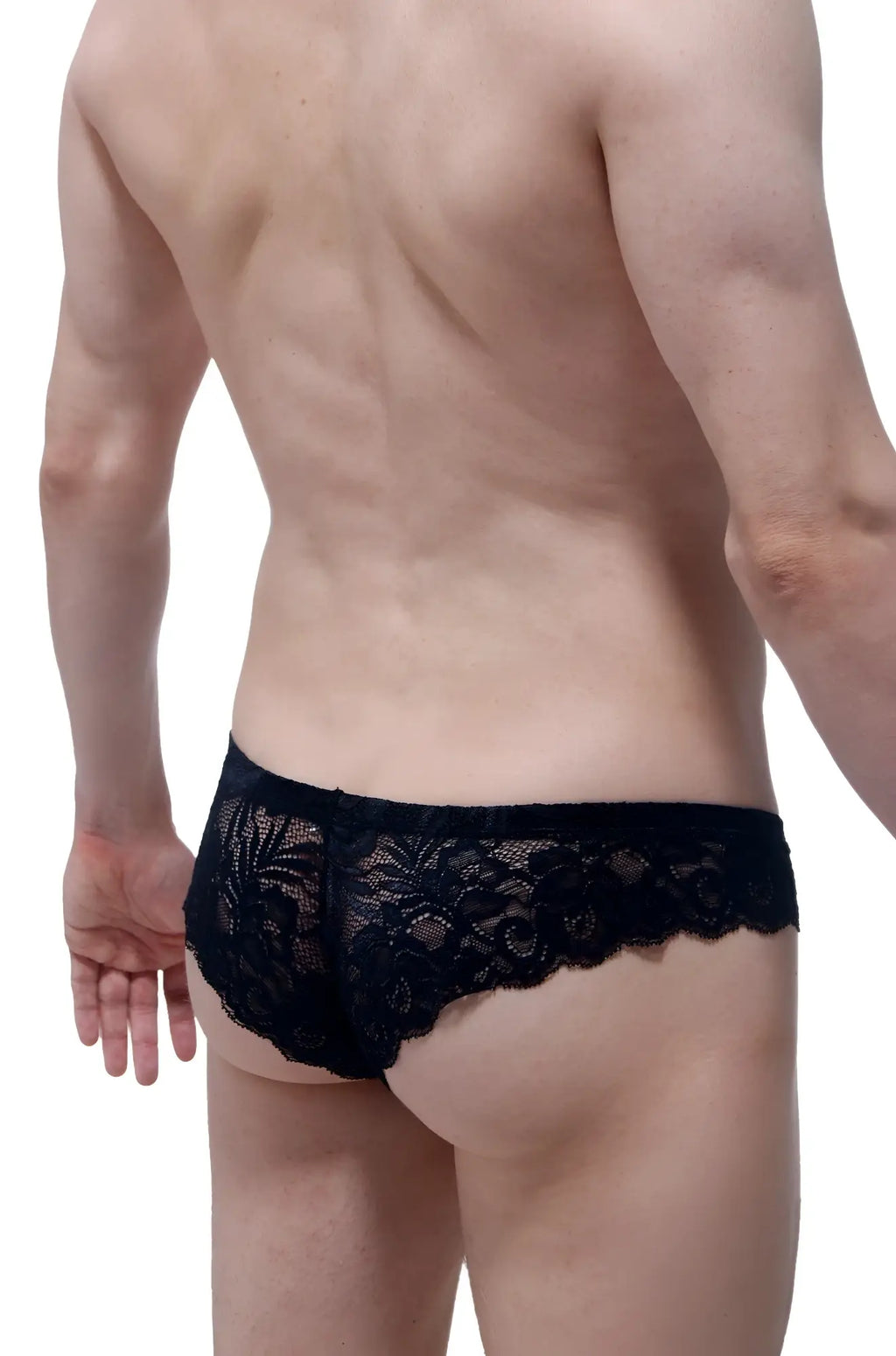 PetitQ black Brazilian brief featuring black lace with intricate floral patterns and scalloped edges