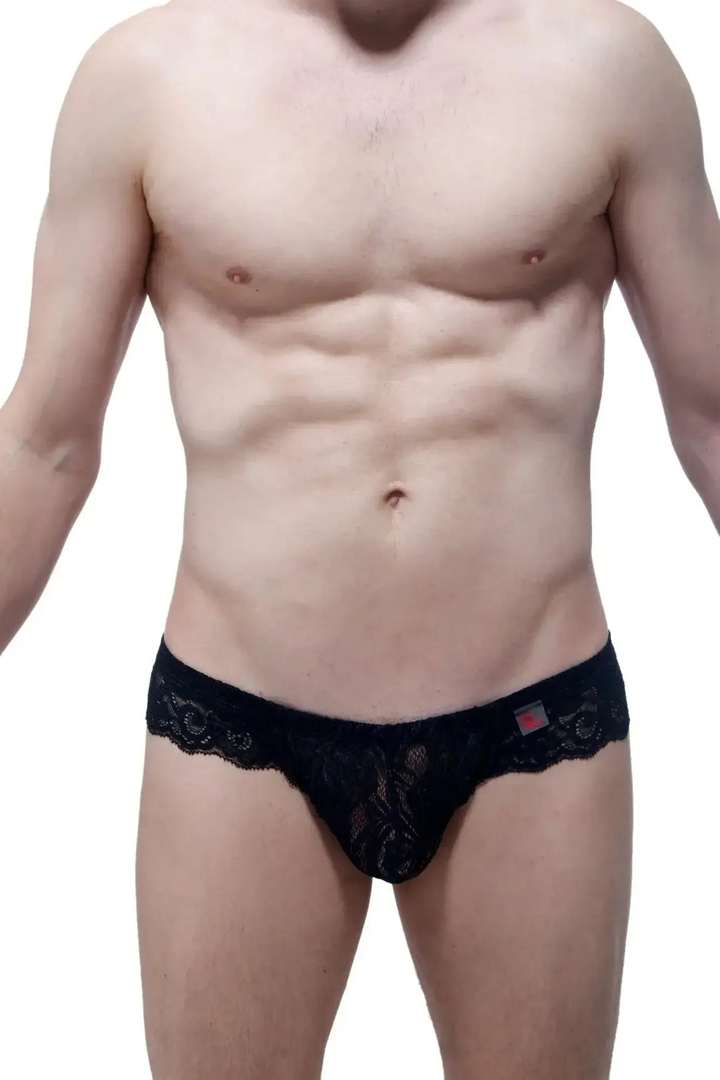 Black lace thong PetitQ Brazilian brief with intricate floral patterns and sheer mesh design in black