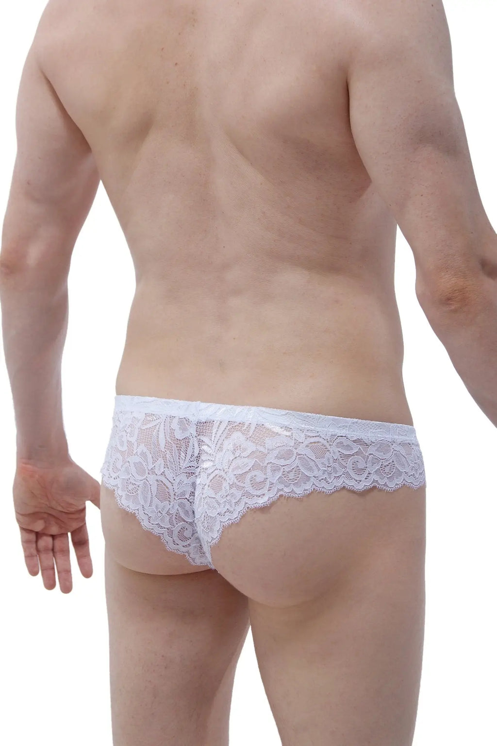White lace thong petitq brazilian brief with delicate floral patterns and scalloped edge shown from the back side