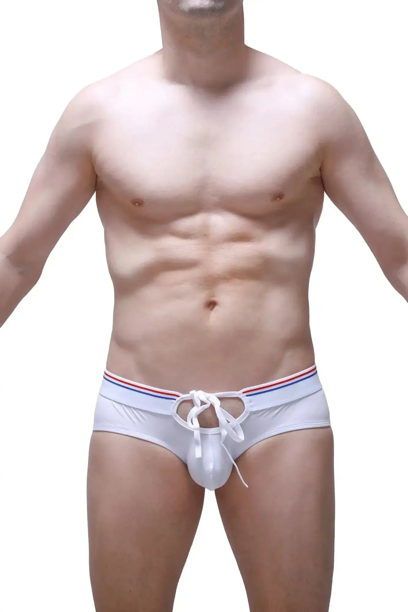 White men’s PetitQ Brief Almard underwear with red white and blue striped waistband and matching drawstring
