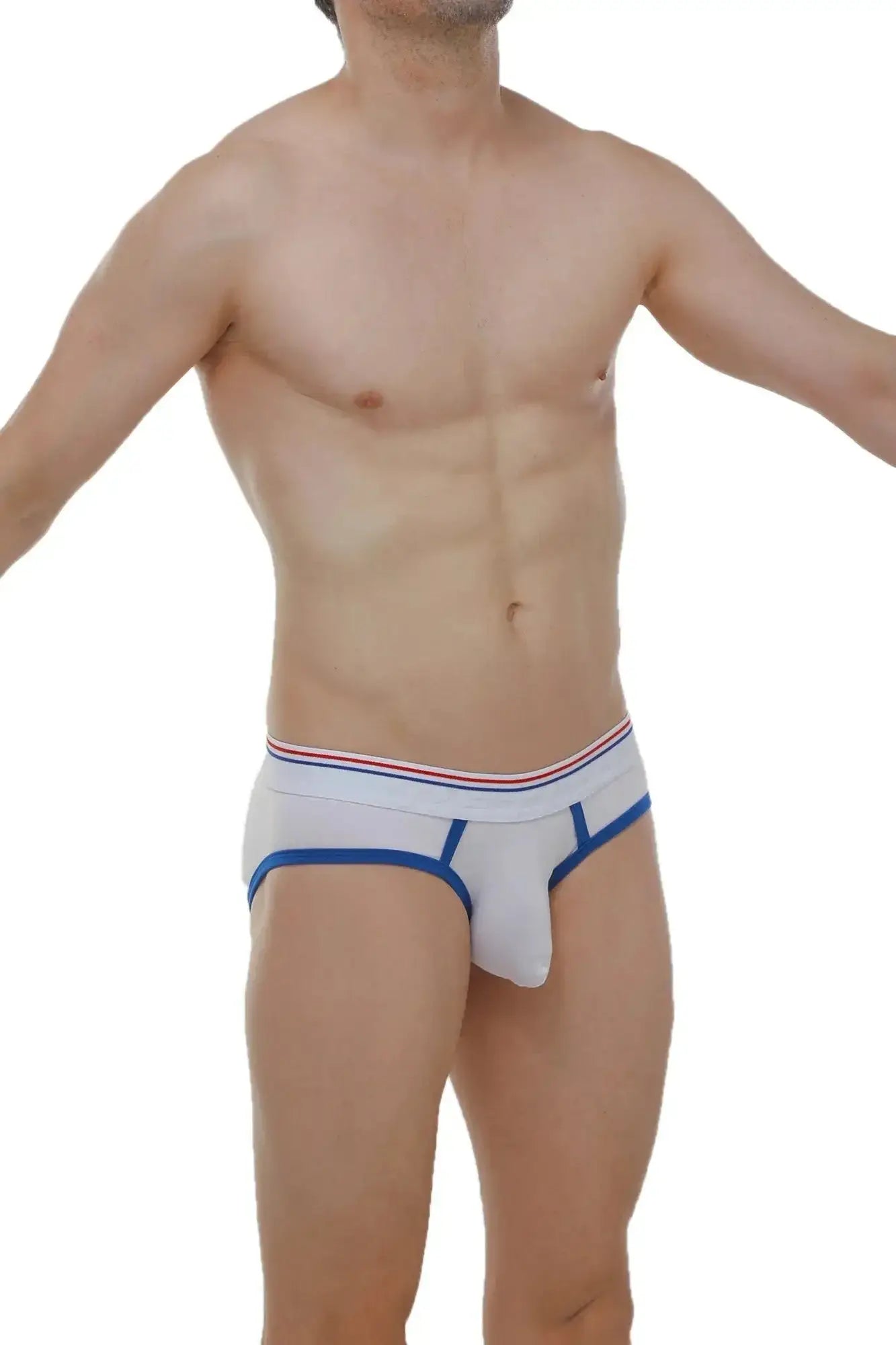 Petitq brief andrew white white briefs with blue trim and red white and blue striped waistband front view