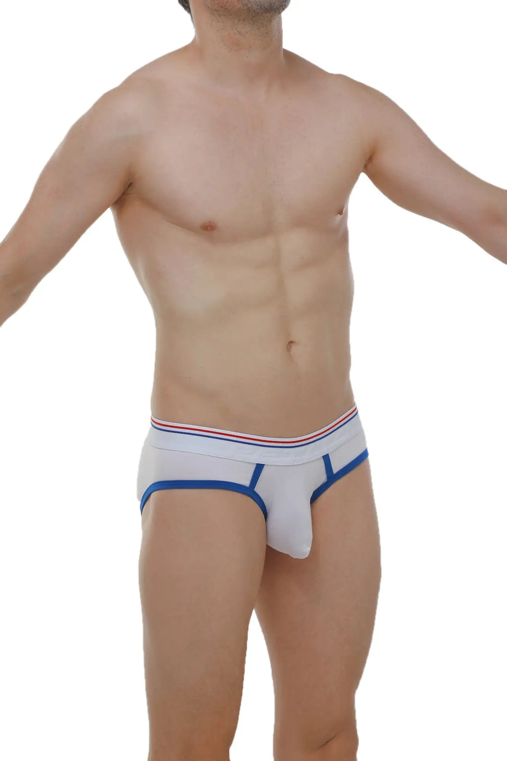 Petitq brief andrew white white briefs with blue trim and red white and blue striped waistband front view