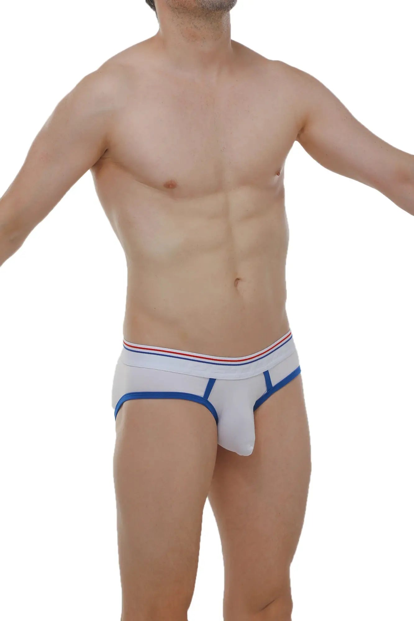 Petitq brief andrew white white briefs with blue trim and red white and blue striped waistband front view