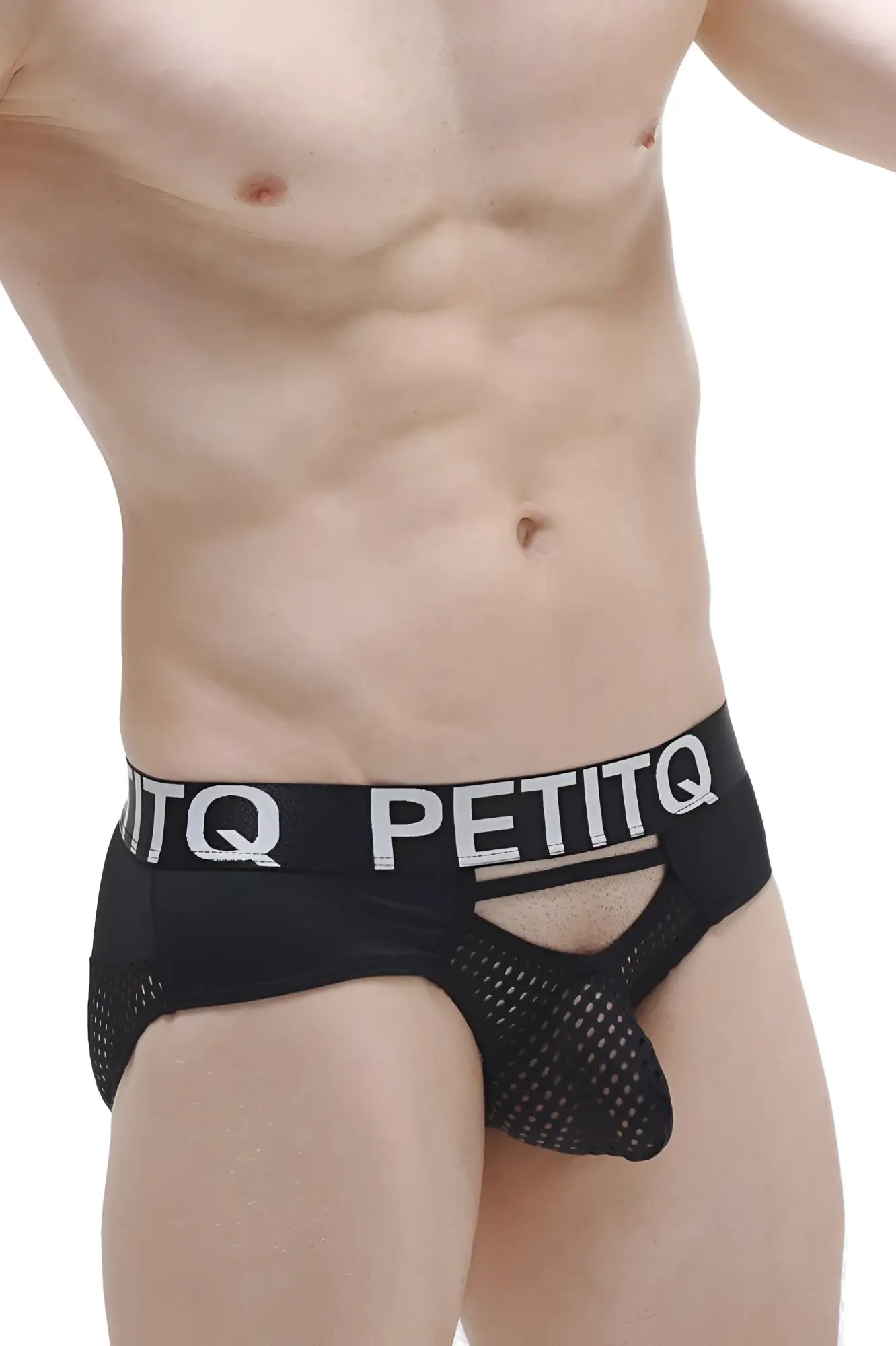 Black mesh briefs with a bold white petitq logo band for stylish and breathable underwear wear