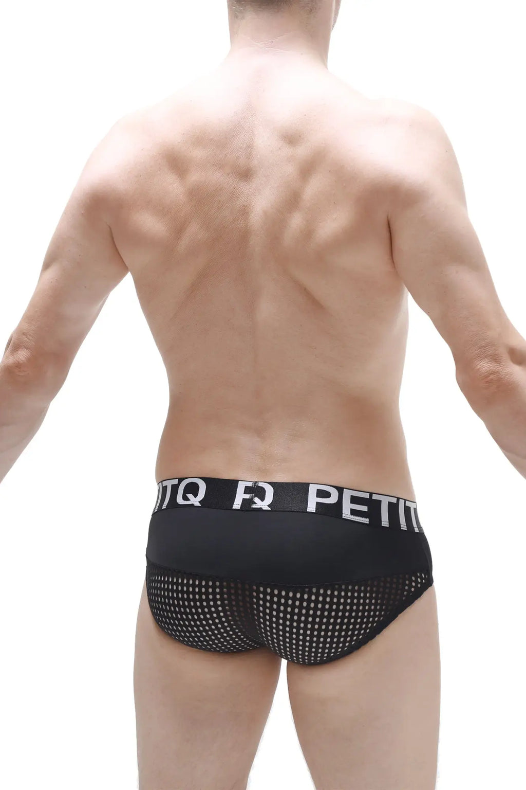 Black mesh briefs with a solid waistband featuring white lettering by PetitQ brief asserac black