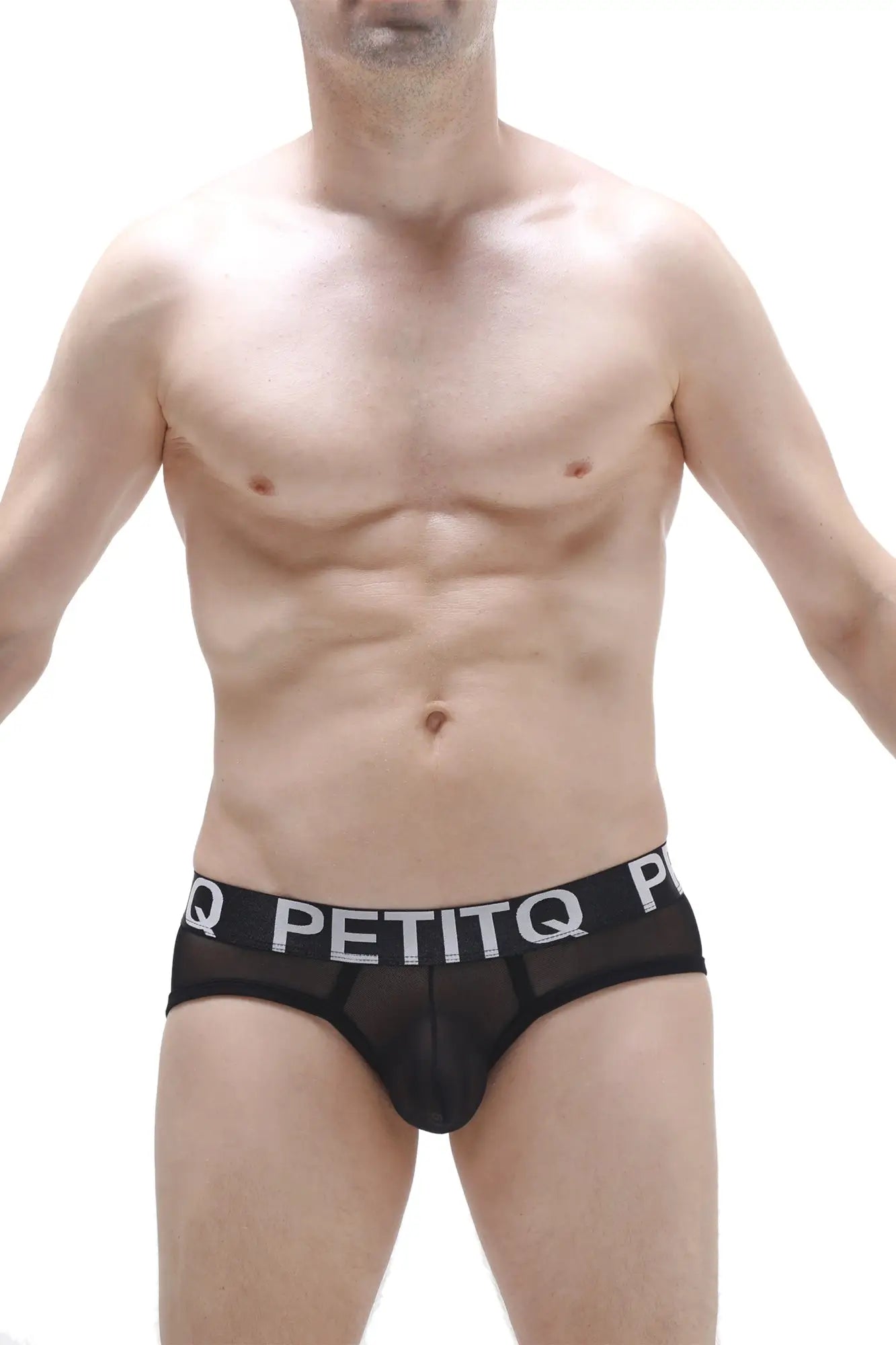 Black mesh briefs with a bold white petitq logo band made from breathable net fabric for everyday wear