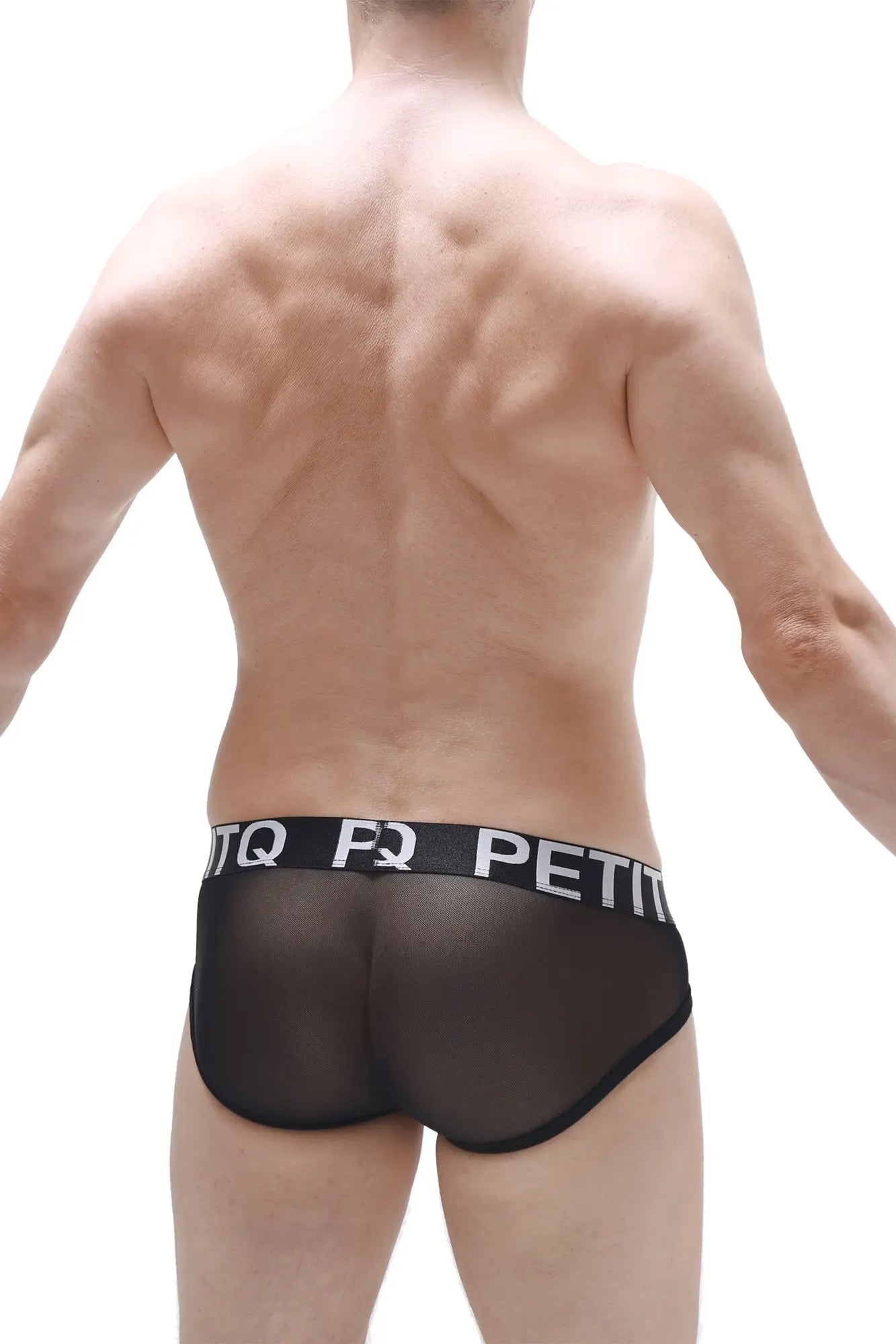 PetitQ brief Aurol net black sheer mesh briefs with black elastic waistband and white PetitQ branding