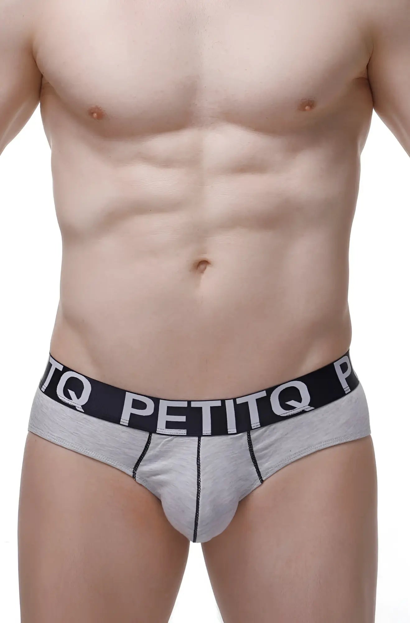 Gray petitq briefs made from bamboo with a black waistband featuring white lettering and a built-in pad