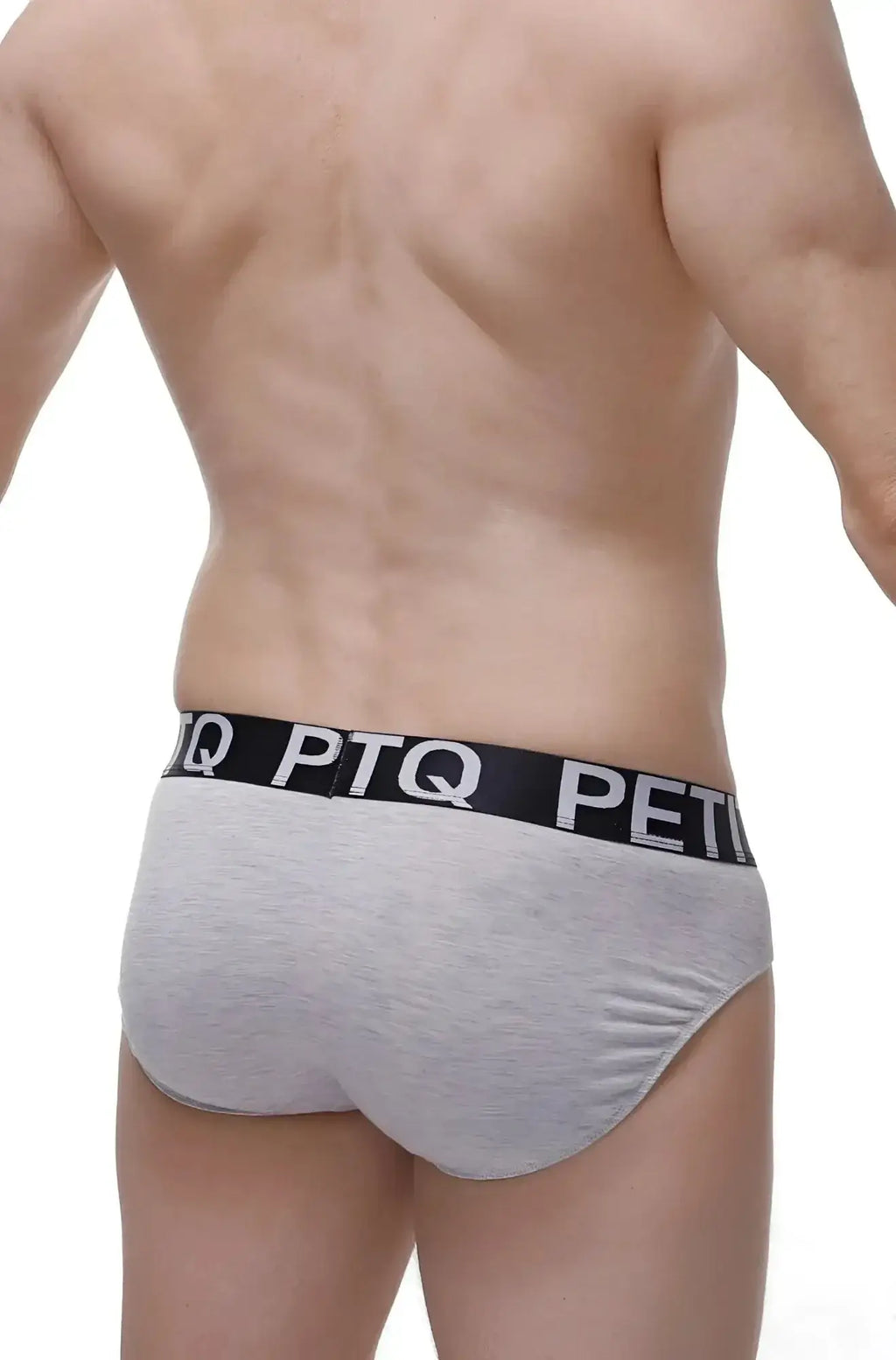Gray heathered brief made of bamboo with black elastic waistband and white ptq logo from petitq brief bamboo grey w pad