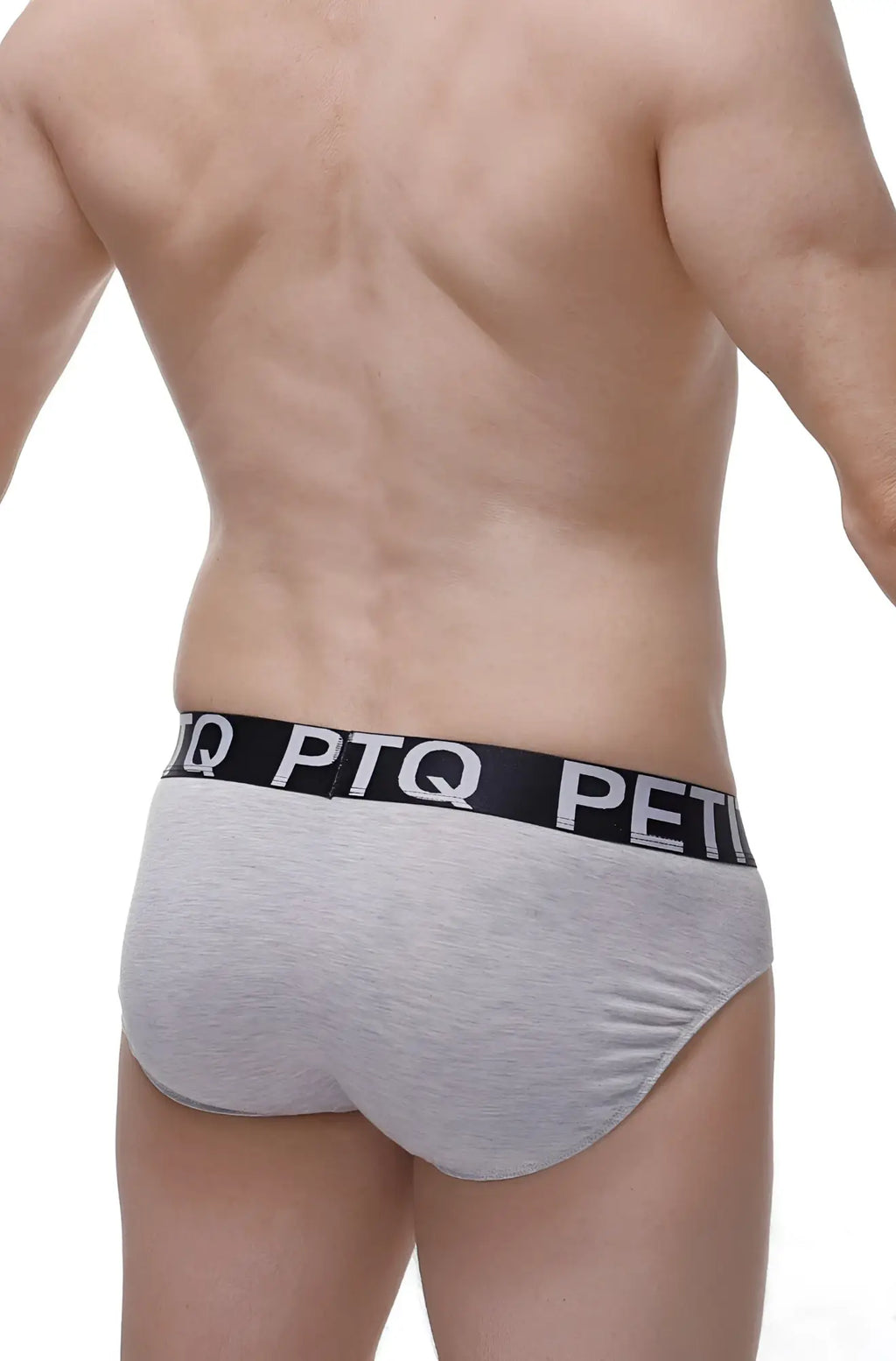 Gray heathered brief made of bamboo with black elastic waistband and white ptq logo from petitq brief bamboo grey w pad