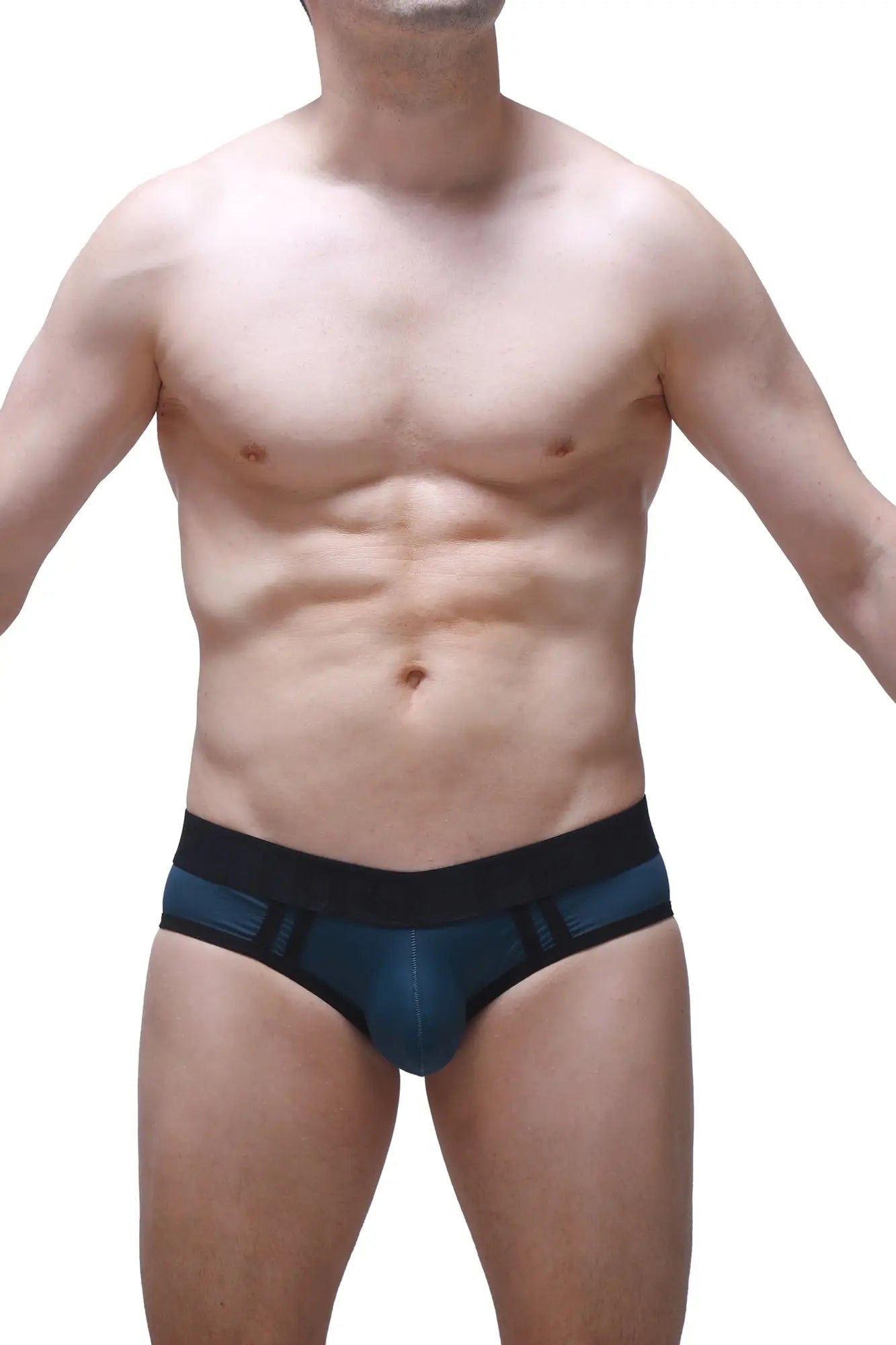 Dark blue petitq athletic briefs with black elastic waistband and subtle geometric pattern accents prussian blue