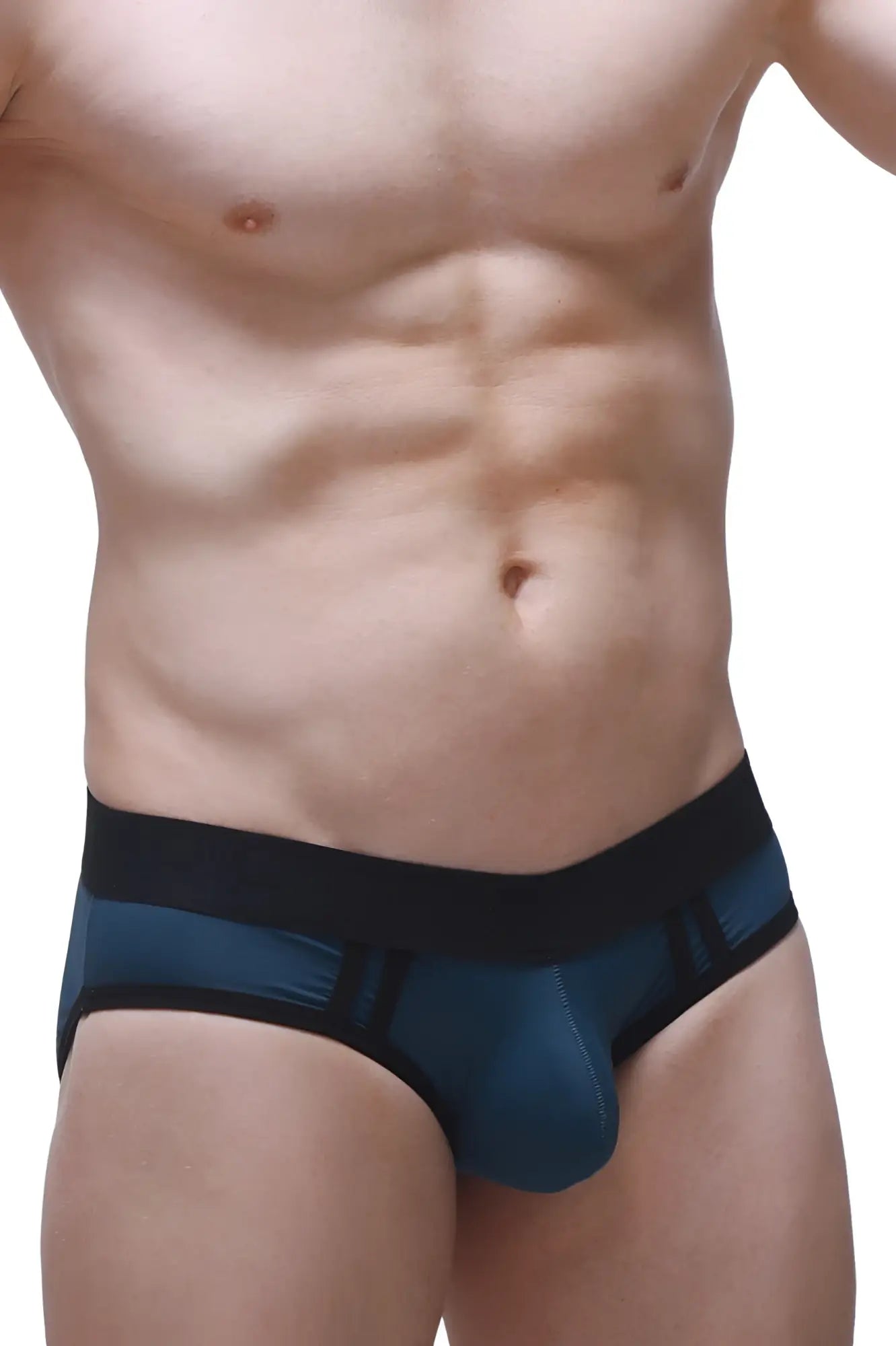 Dark blue and black petitq athletic briefs with a contoured design and prussian blue colorband for active wear