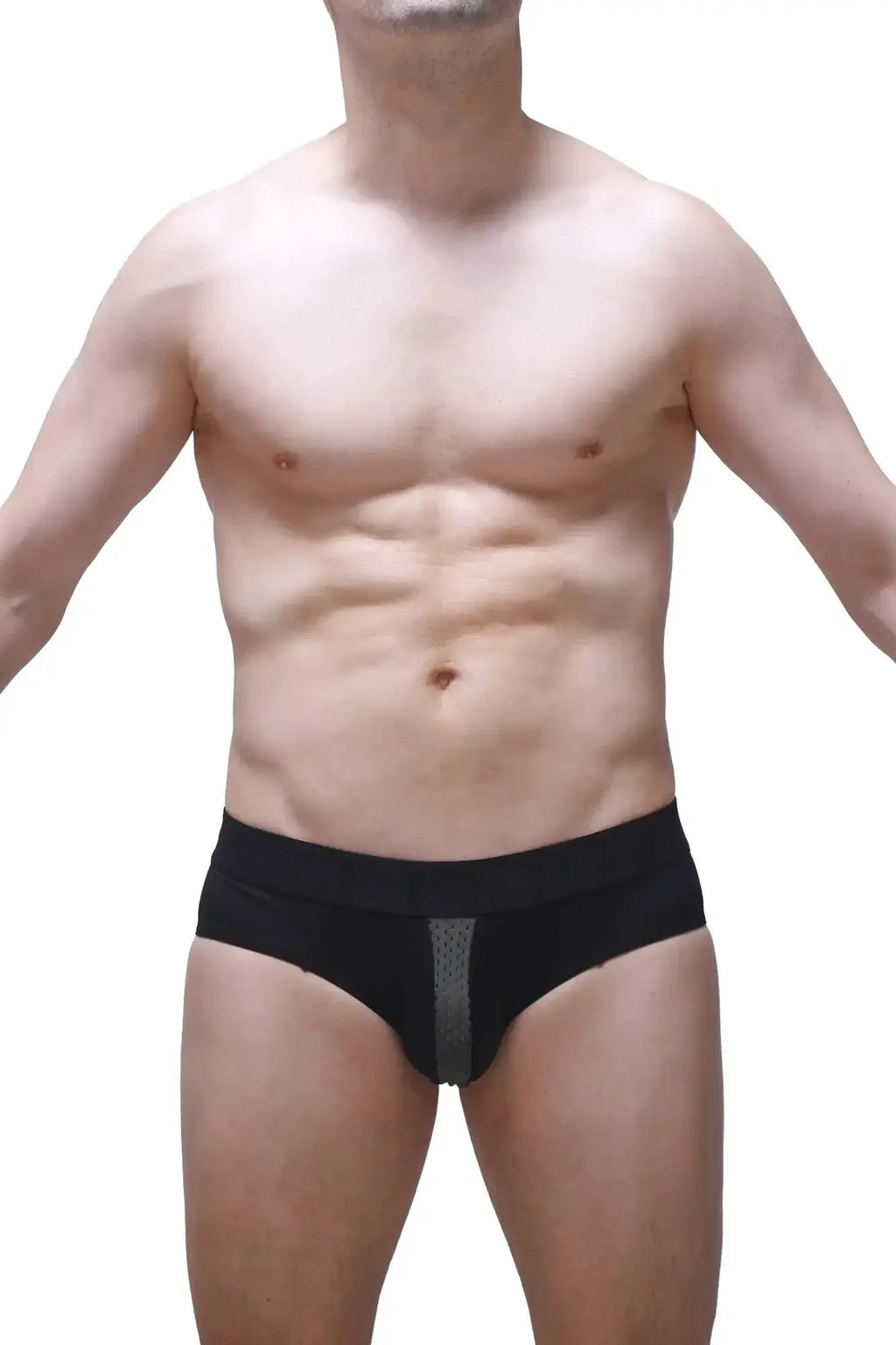 Black PetitQ brief Barie Bee Green with a gray mesh panel on the front made of breathable fabric