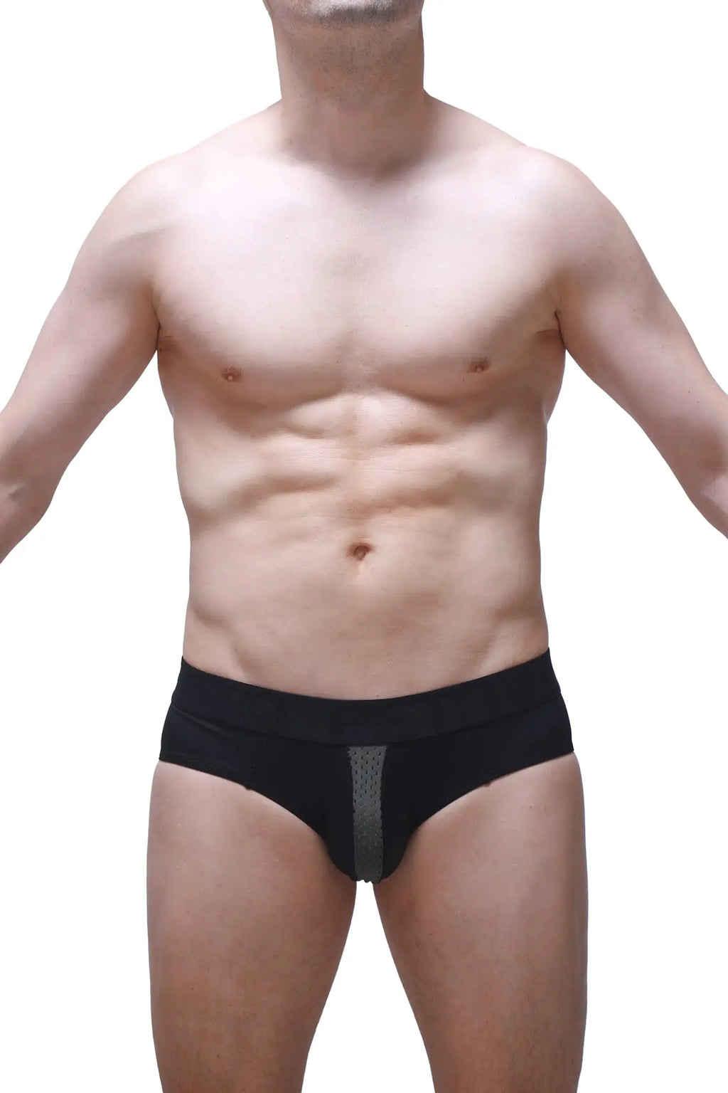 Black PetitQ brief Barie Bee Green with a gray mesh panel on the front made of breathable fabric
