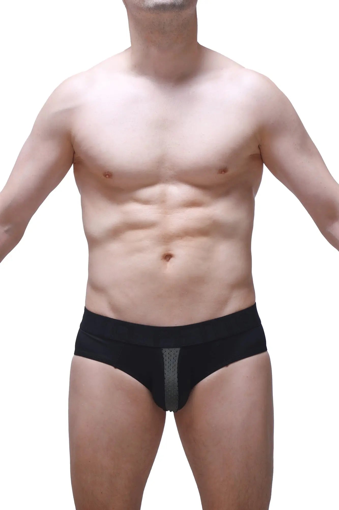 Black PetitQ brief Barie Bee Green with a gray mesh panel on the front made of breathable fabric