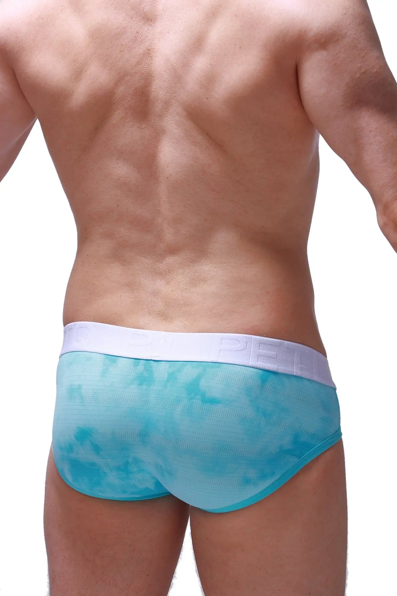 PetitQ brief bessay marbre green turquoise tie-dye men’s briefs with white pel embossed elastic waistband