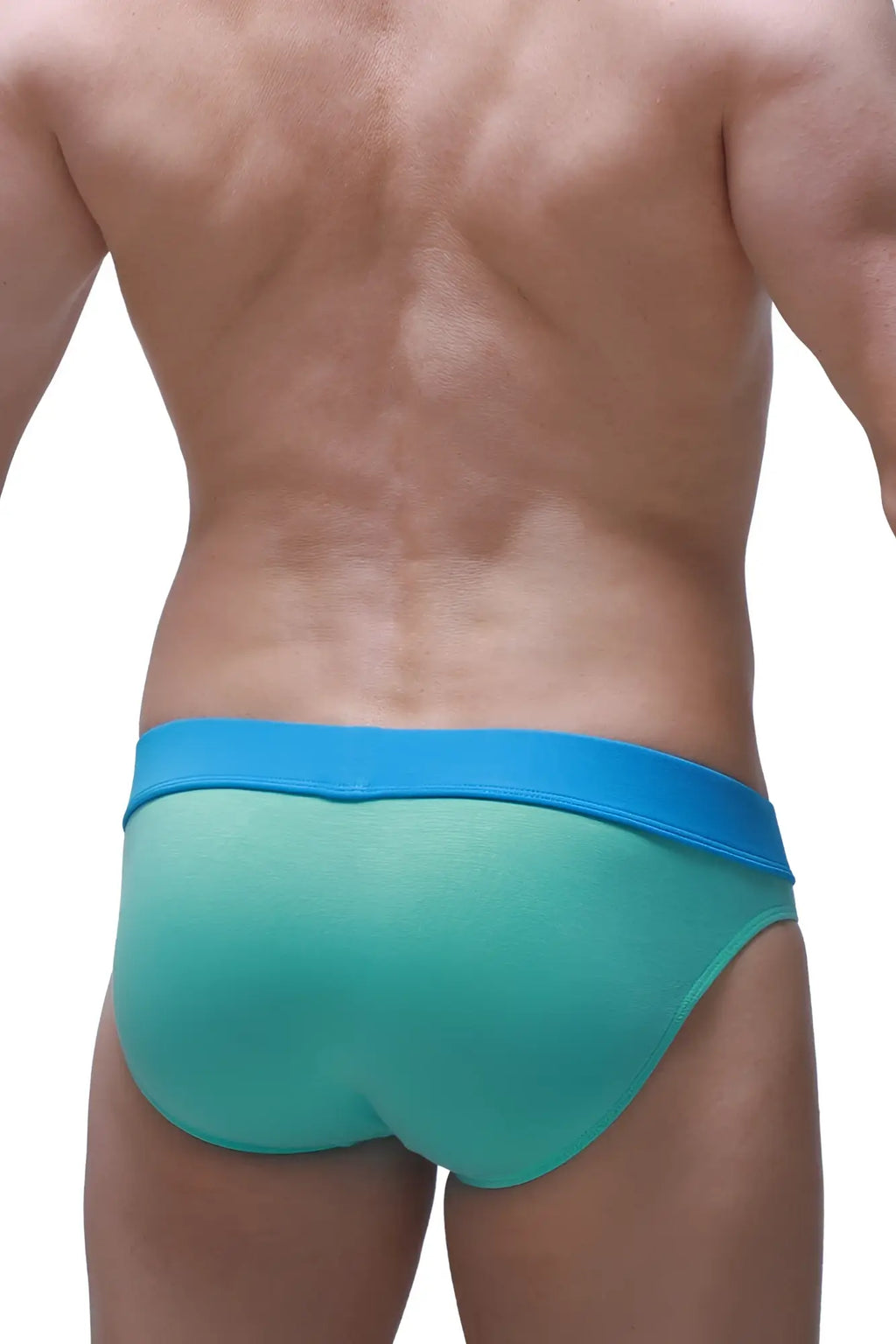 Teal and blue gradient petitq brief blaru bamboo green men’s briefs with solid blue waistband in soft bamboo fabric