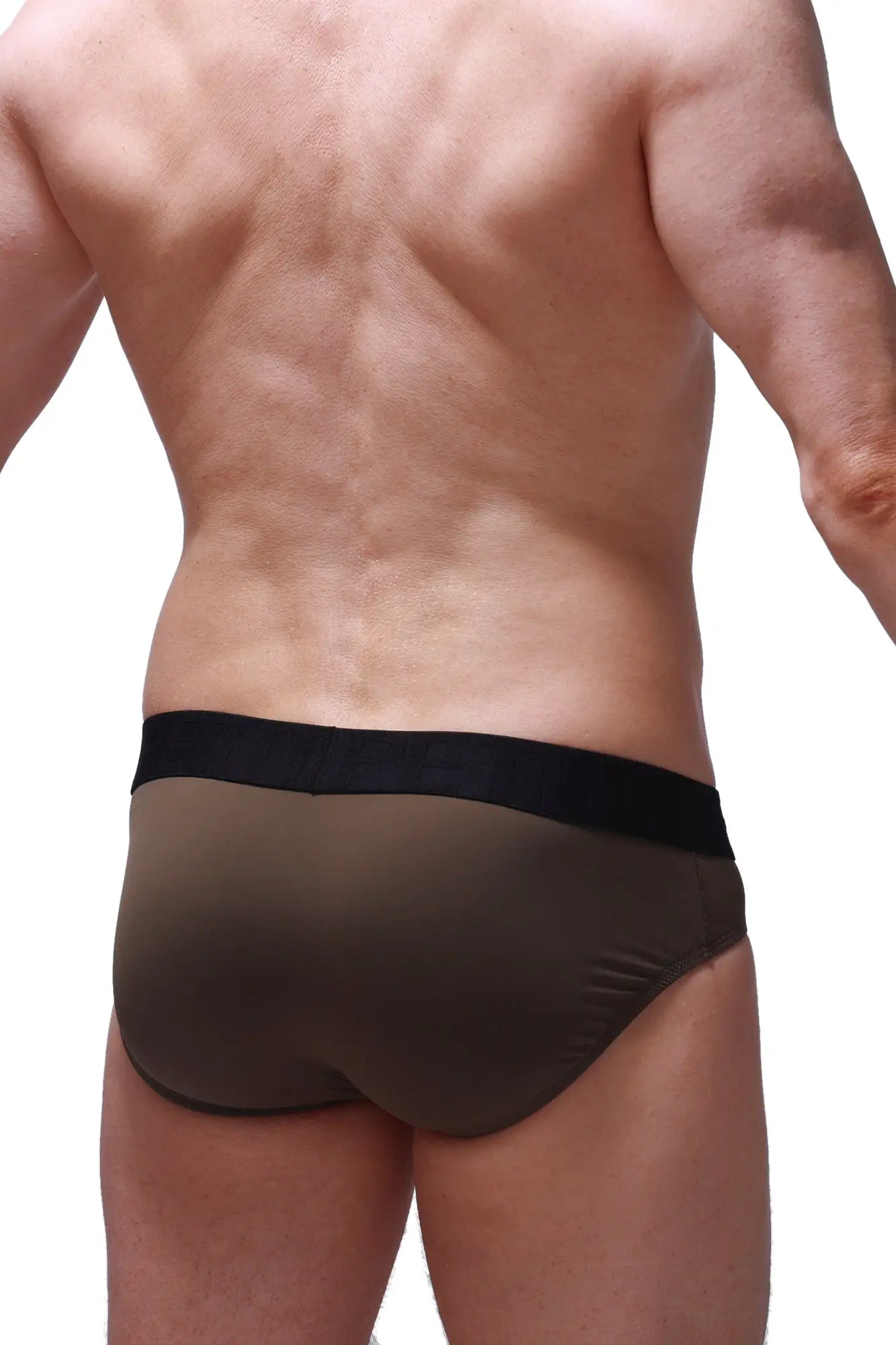 Brown PetitQ brief bozas olive with a black elastic waistband showing the front side