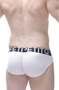 White men’s briefs with black elastic waistband featuring petipetitq logo in bold white letters petitq brief bulan plum white