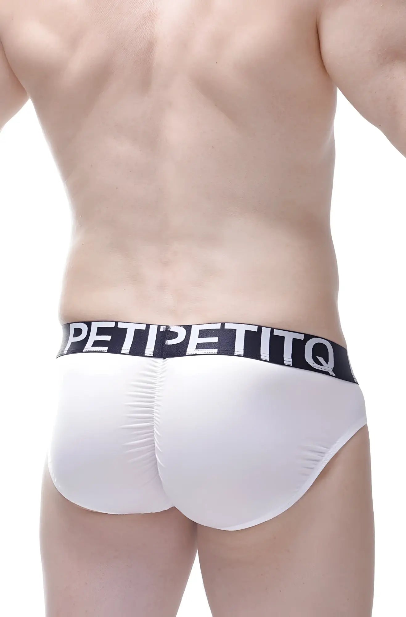 White men’s briefs with black elastic waistband featuring petipetitq logo in bold white letters petitq brief bulan plum white