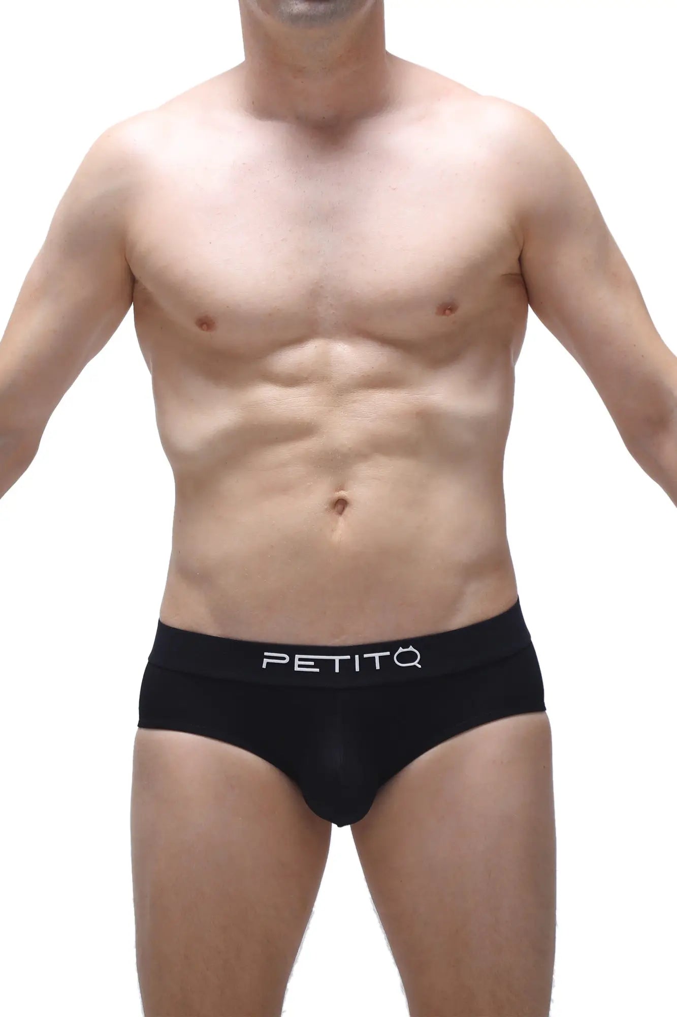 Black petitq modal briefs with a sleek form-fitting design and subtle white branding along the waistband
