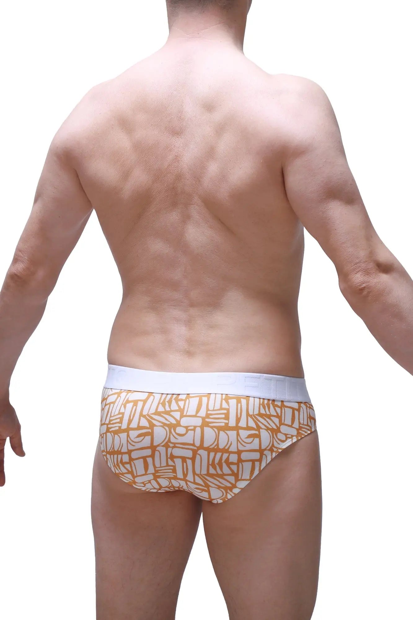 Orange and white patterned briefs with geometric design from petitq brief chill carlot alloy collection