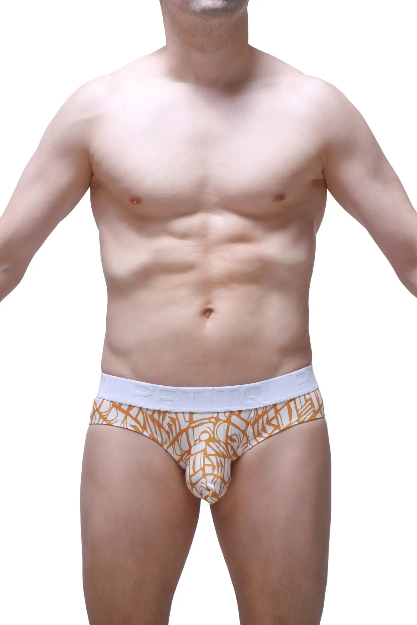 Orange and white patterned men’s briefs with white elastic waistband from petitq brief chill carlot alloy collection