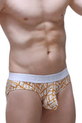 Orange and white patterned petitq brief chill carlot alloy men’s briefs with solid white elastic waistband