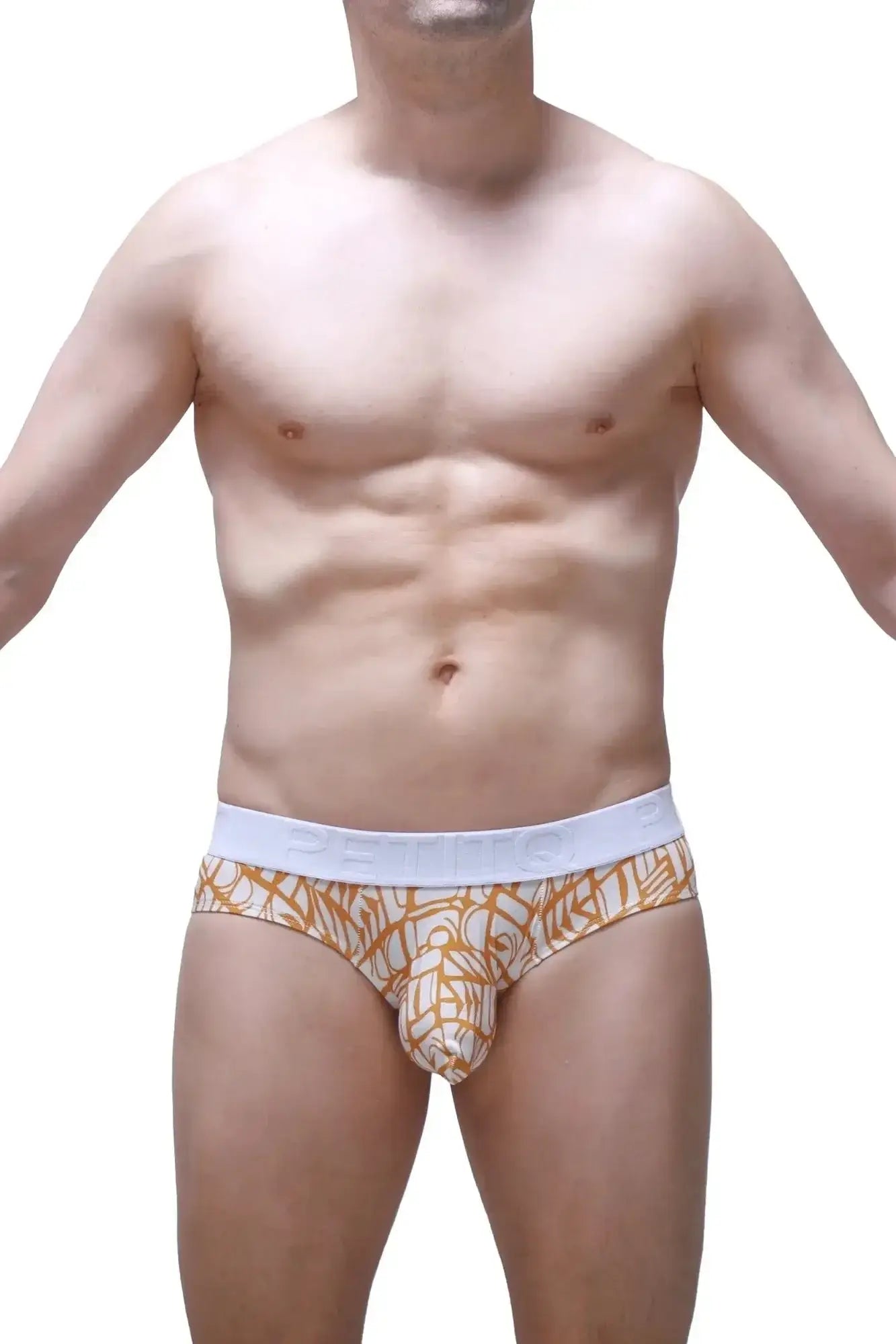 Orange and white patterned men’s briefs with white elastic waistband from petitq brief chill carlot alloy collection