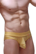 Gold satin briefs with a red PetitQ logo on the waistband from the PetitQ brief chill Joe Gold collection
