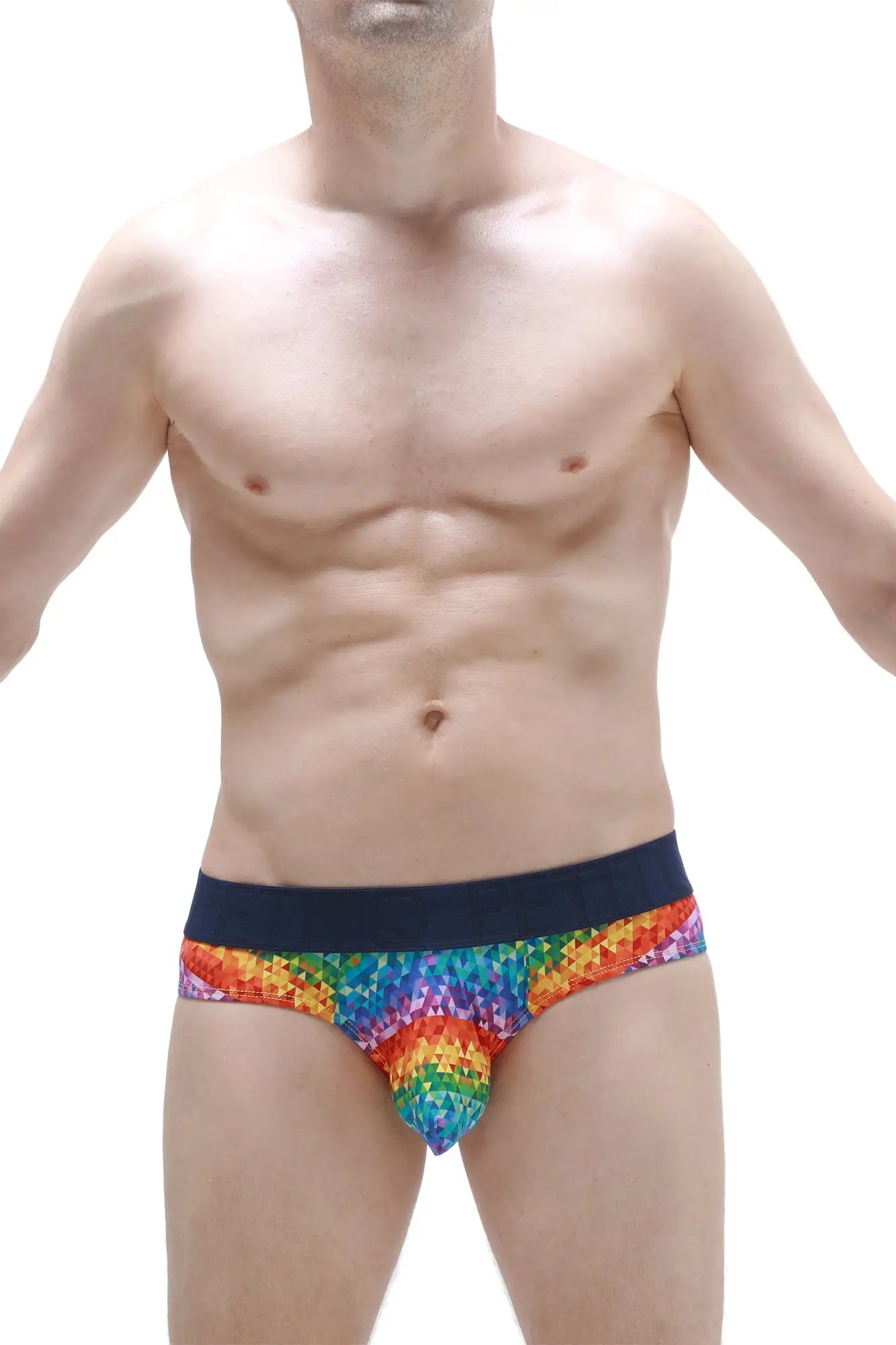 Petitq brief chill max kaleidoscope rainbow-colored geometric pattern men’s briefs with solid navy waistband