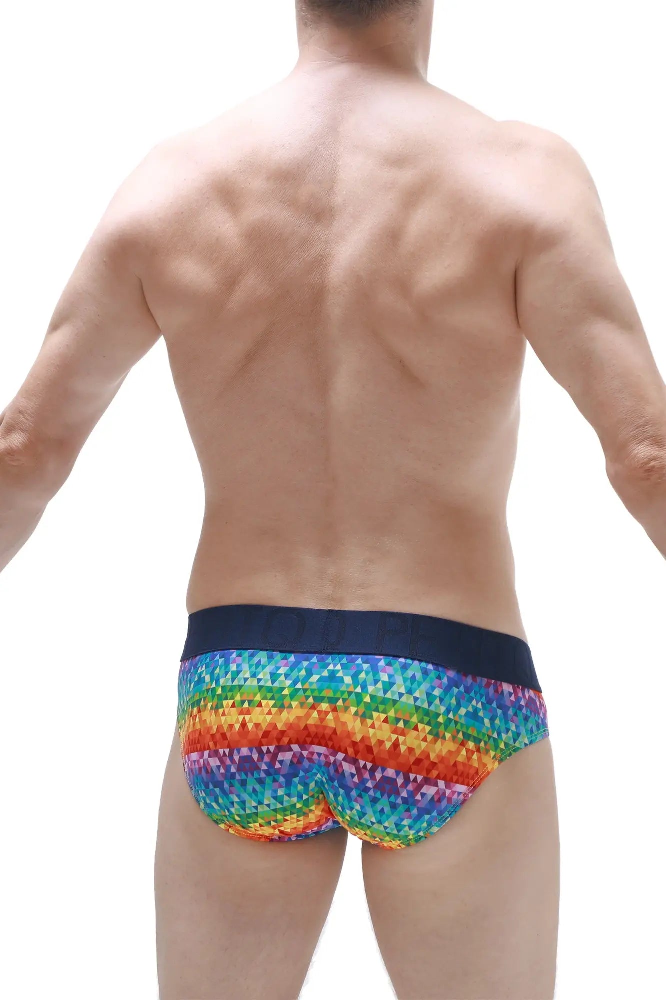 Petitq brief chill max kaleidoscope featuring rainbow-colored pixelated pattern briefs with solid navy waistband