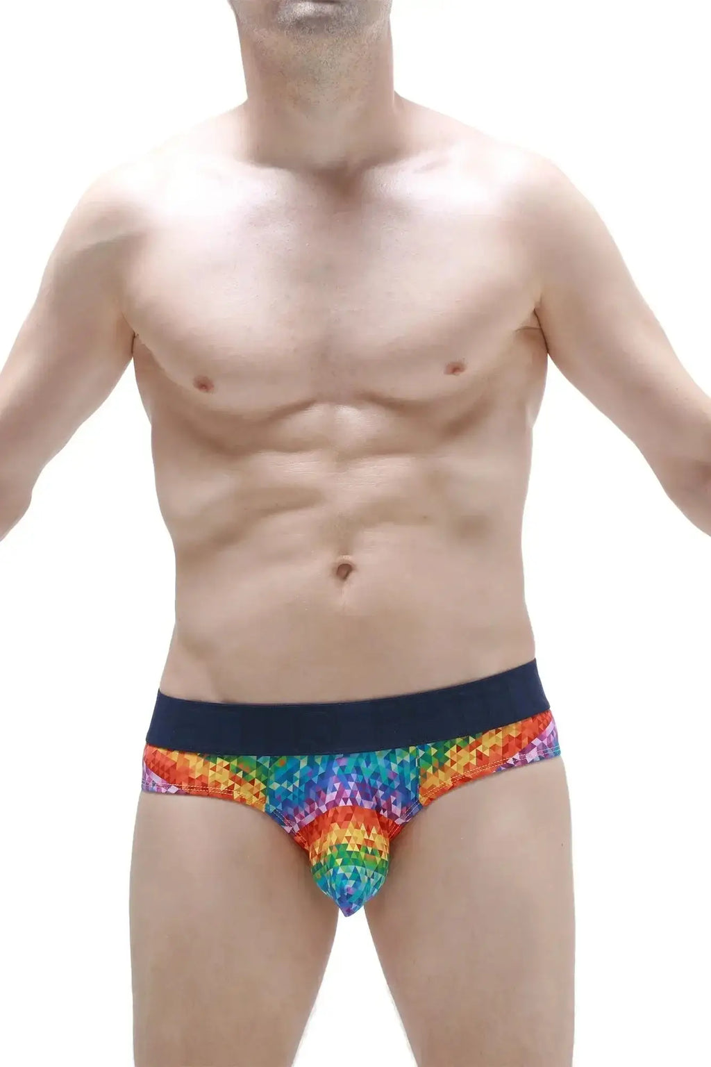 Petitq brief chill max kaleidoscope rainbow-colored geometric pattern men’s briefs with solid navy waistband