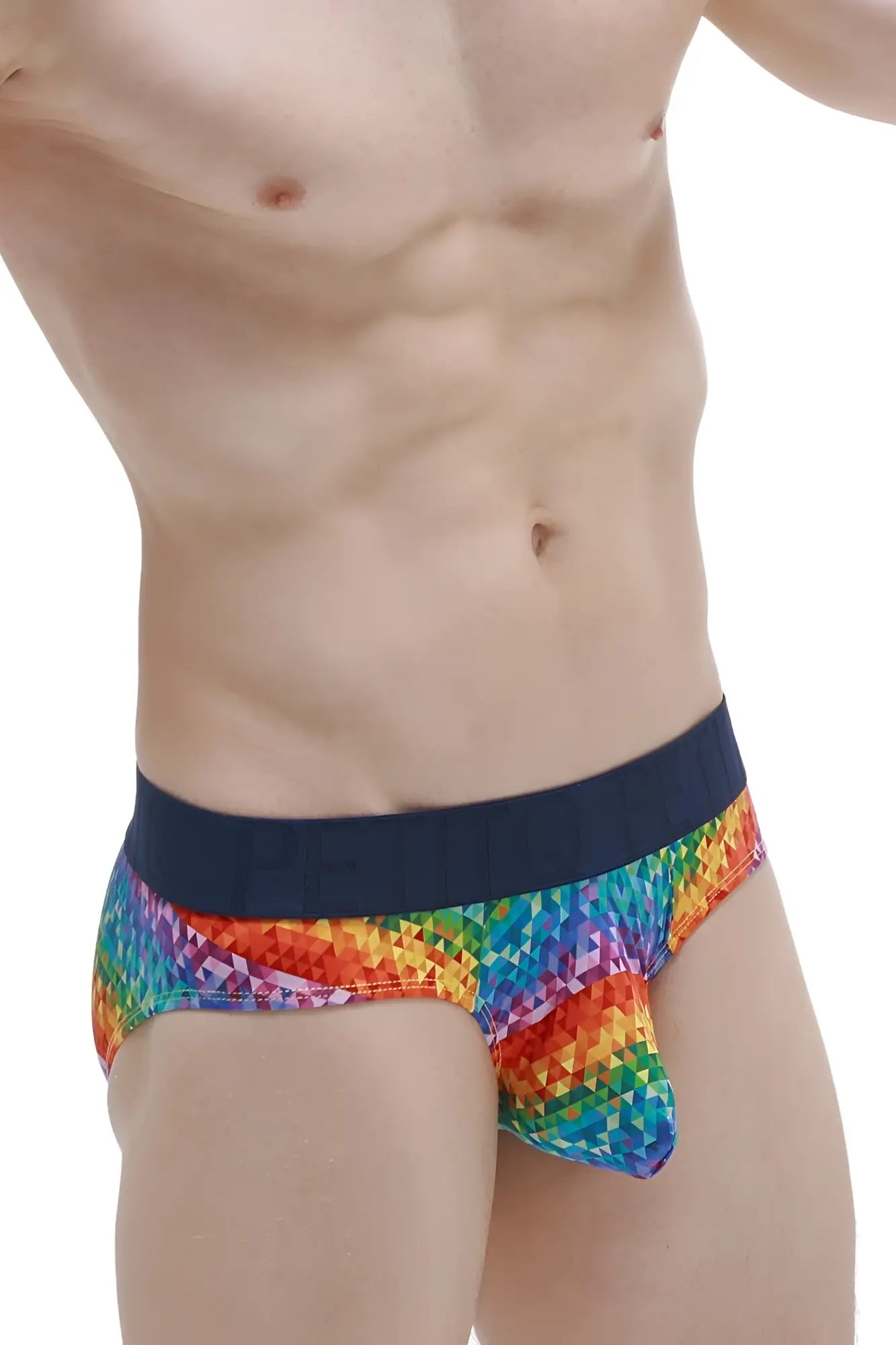 Petitq brief chill max kaleidoscope featuring rainbow pixel pattern briefs with a solid navy waistband
