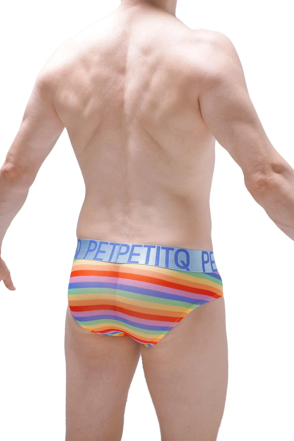 Rainbow-striped men’s briefs with light blue petitq waistband made from breathable chill net fabric