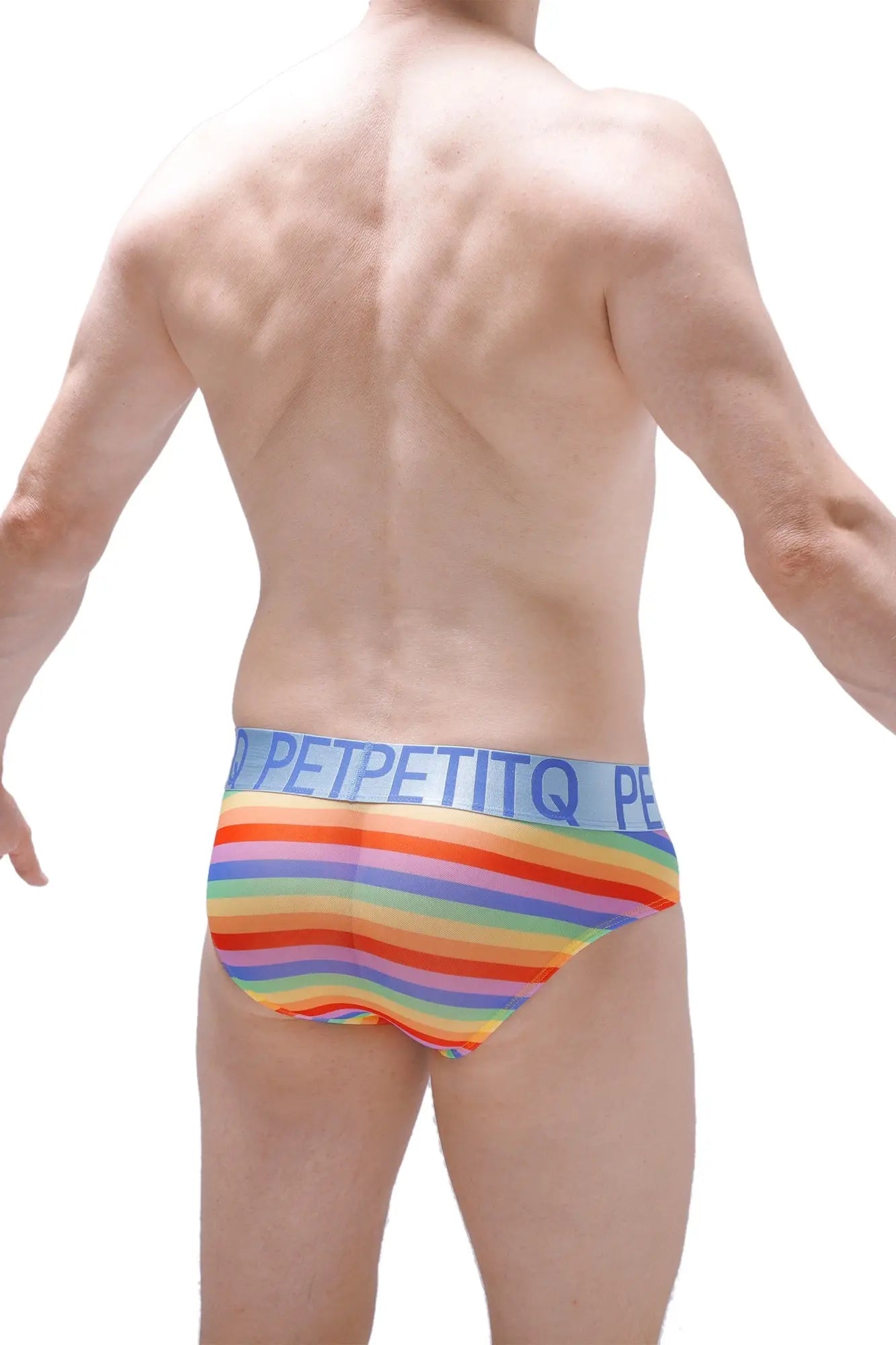 Rainbow-striped men’s briefs with light blue petitq waistband made from breathable chill net fabric