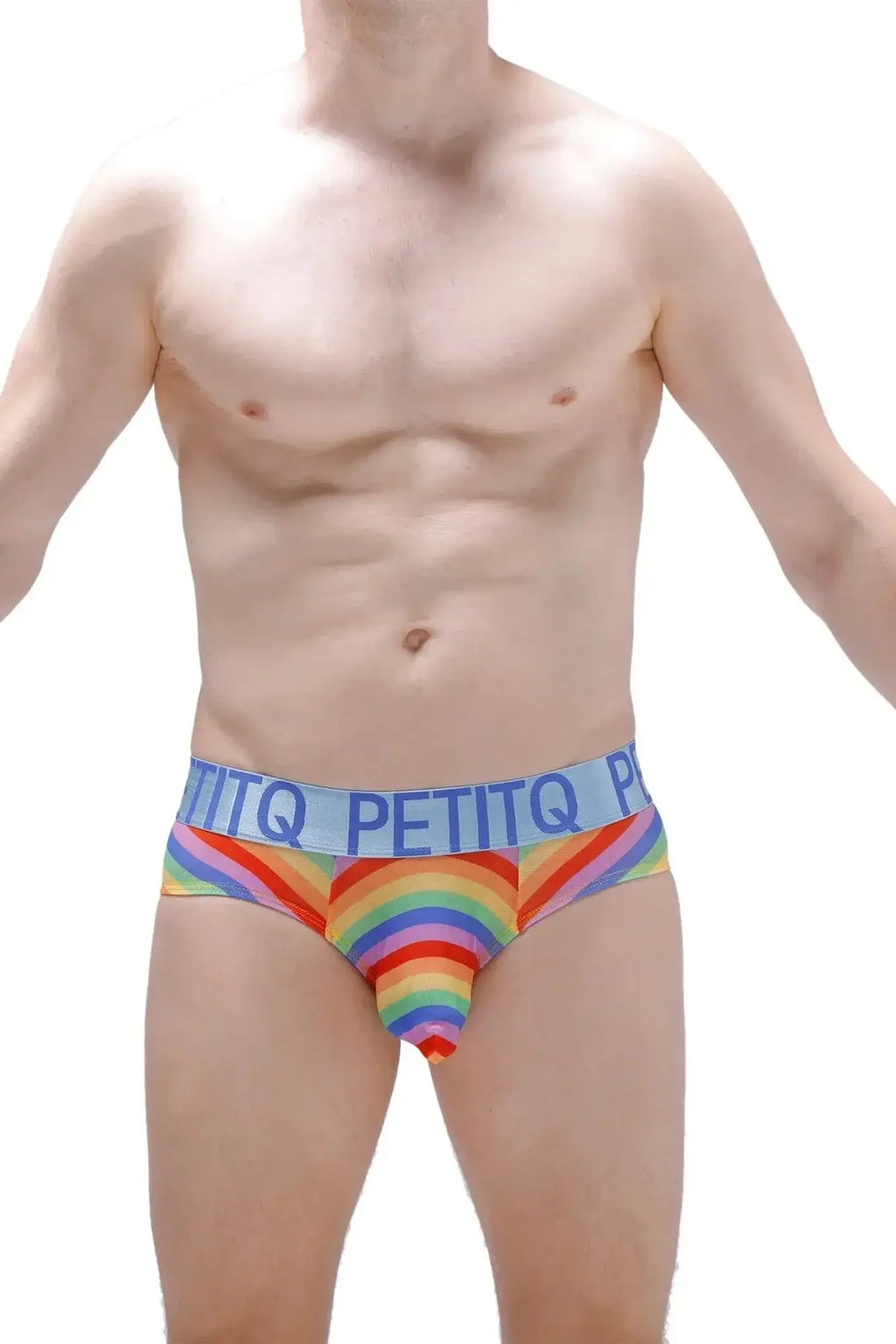 Rainbow-striped PetitQ brief chill net rainbow men’s briefs with light blue waistband featuring petitq brand name