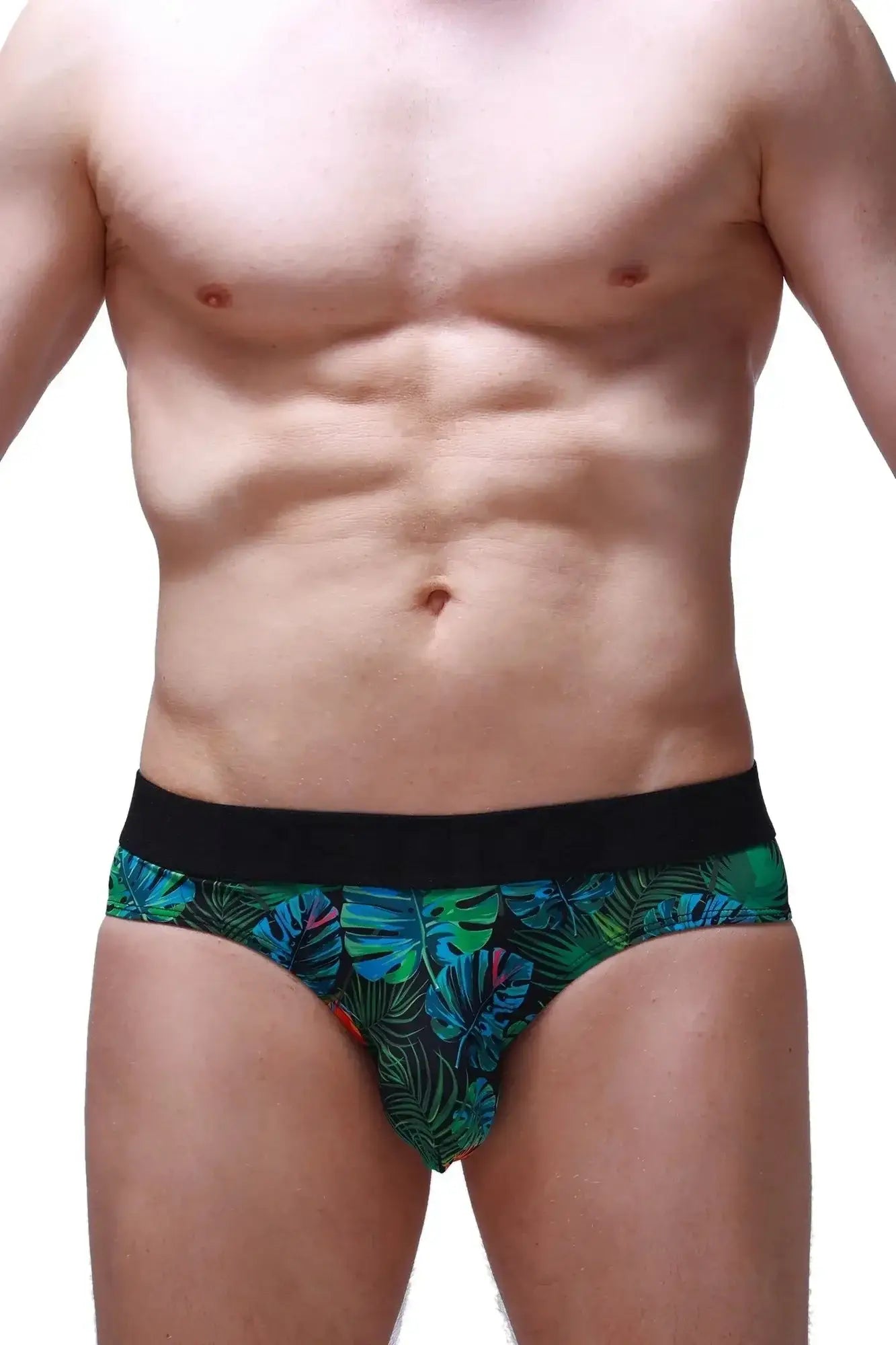 PetitQ brief chillax tropical men’s briefs with green and blue tropical leaf pattern and black elastic waistband