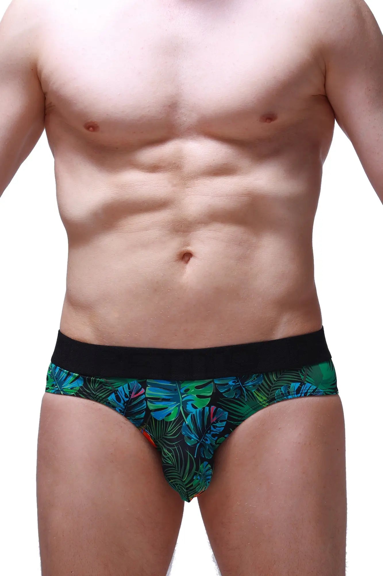 PetitQ brief chillax tropical men’s briefs with green and blue tropical leaf pattern and black elastic waistband