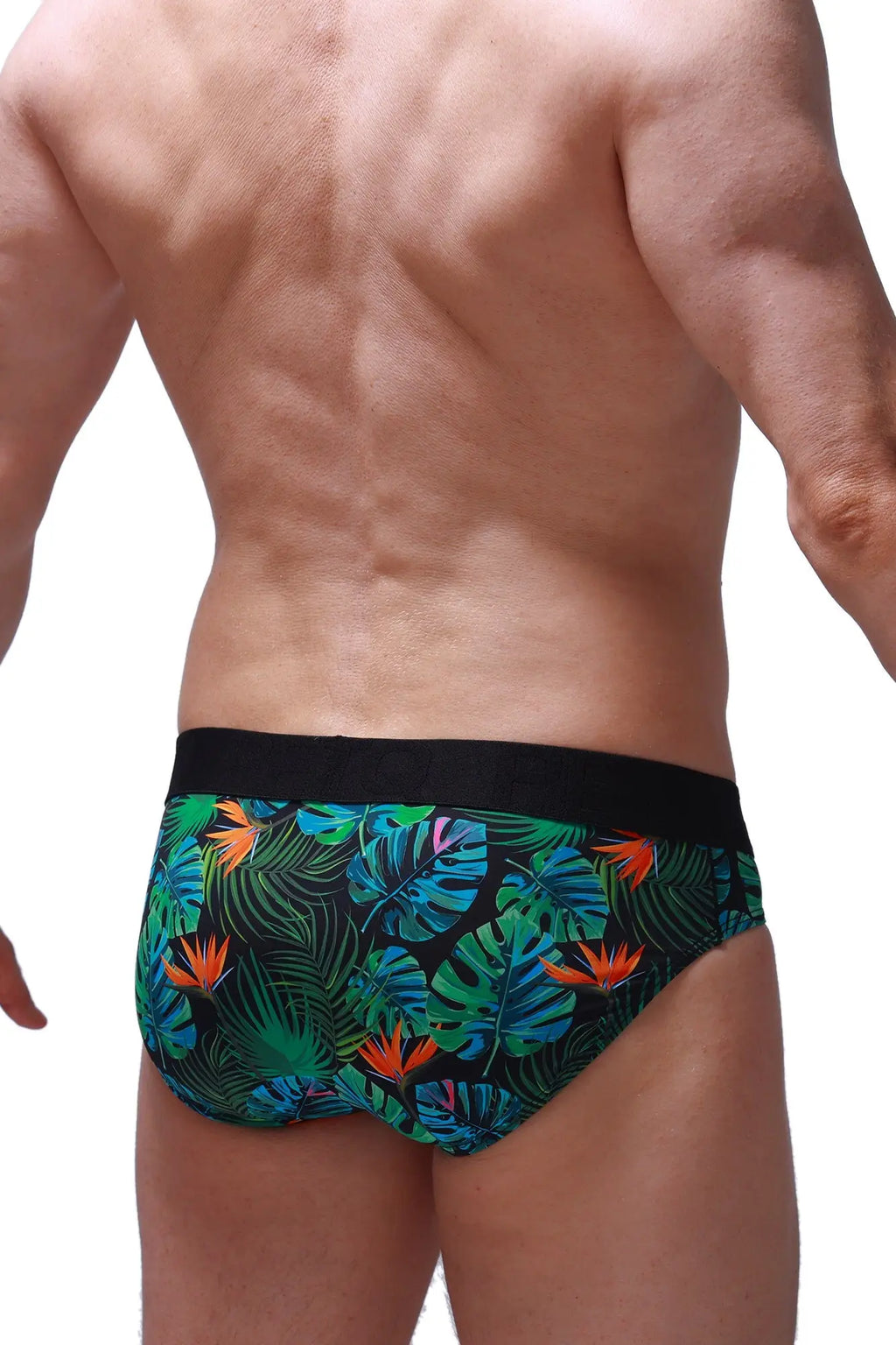 PetitQ brief chillax tropical swim trunks with tropical leaf and orange bird pattern and black waistband