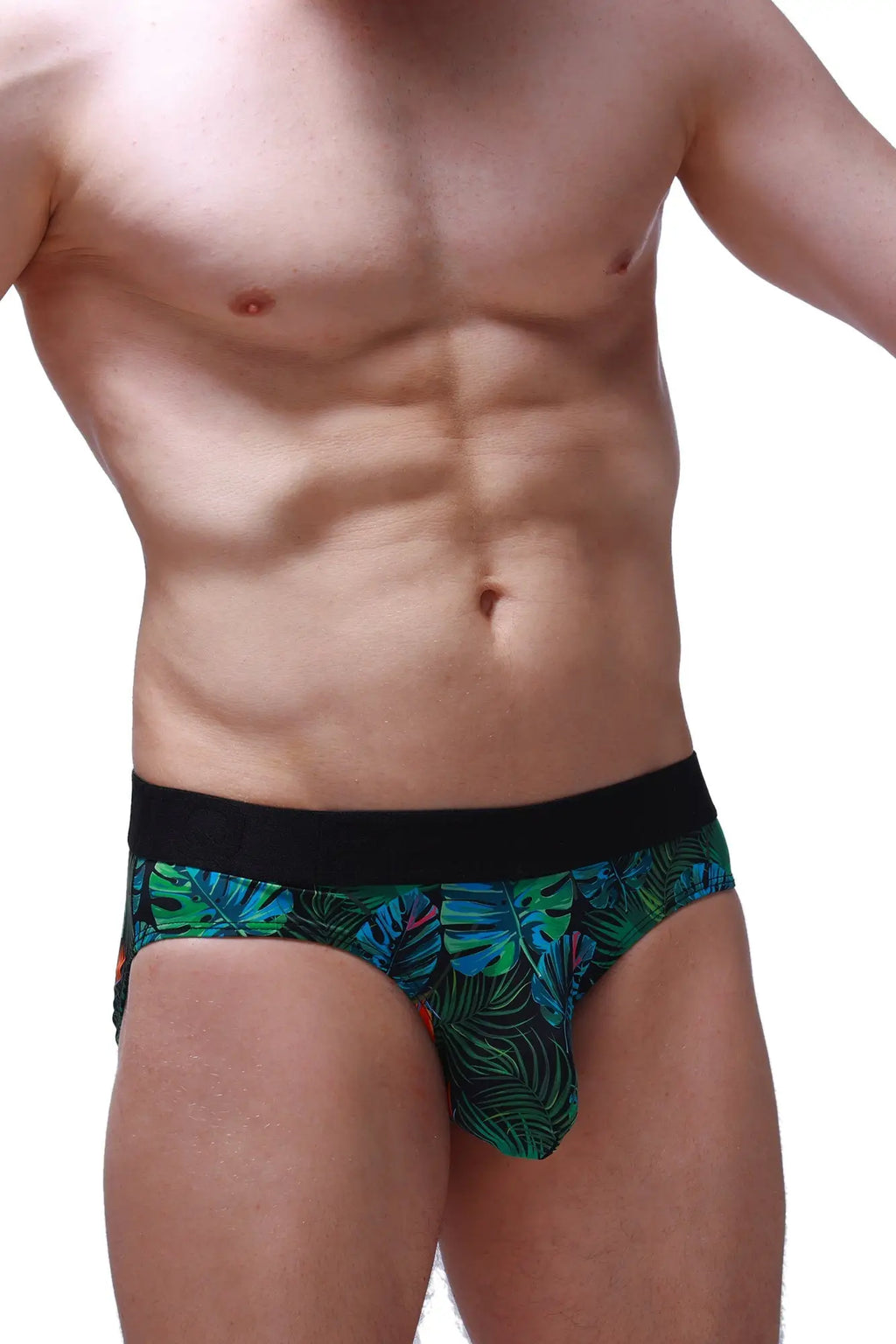 Men’s petitq brief chillax tropical with green tropical leaf pattern and black elastic waistband for comfortable fit
