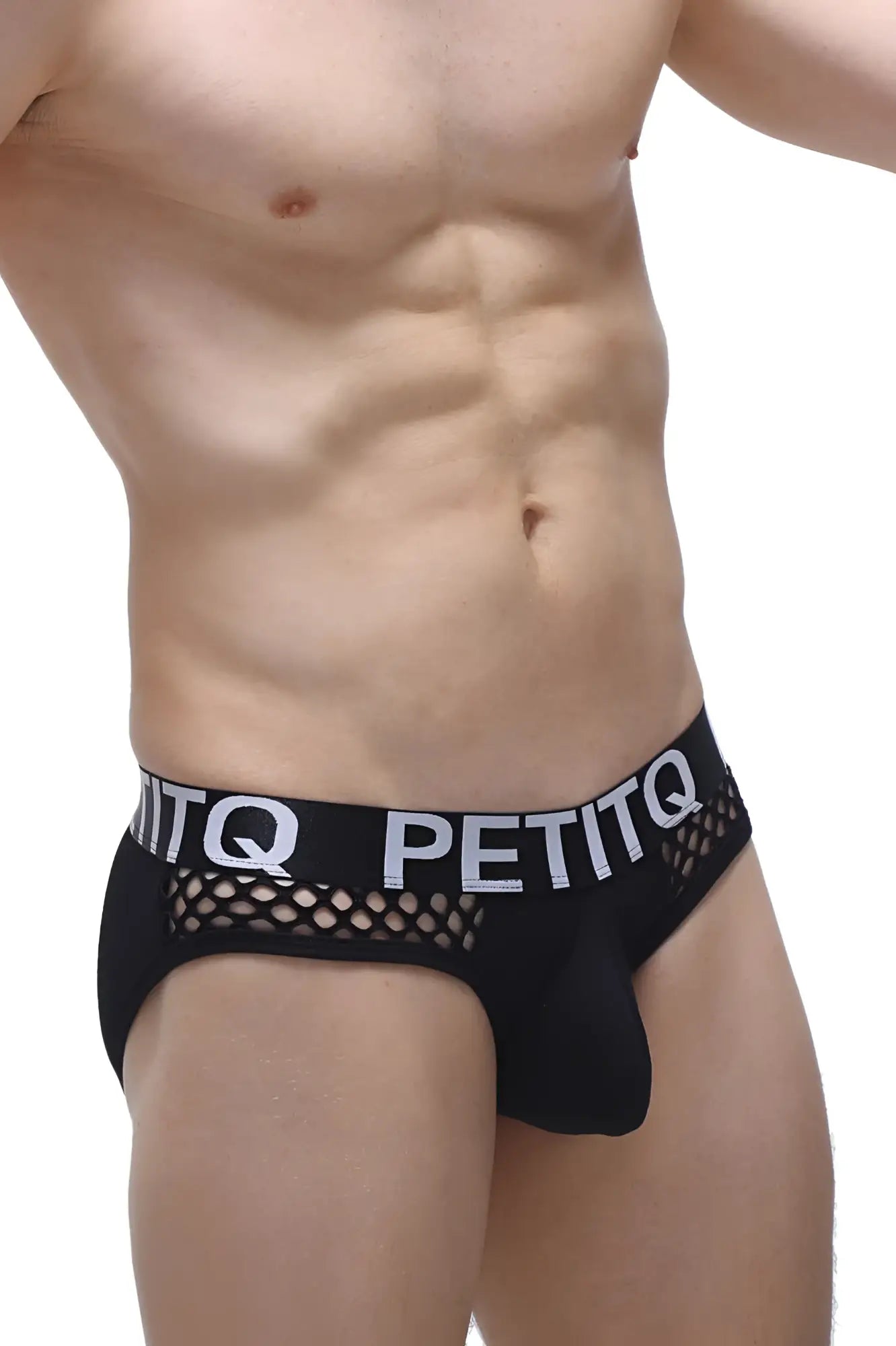 Black mesh briefs with a white petitq logo band from the petitq brief clans black collection
