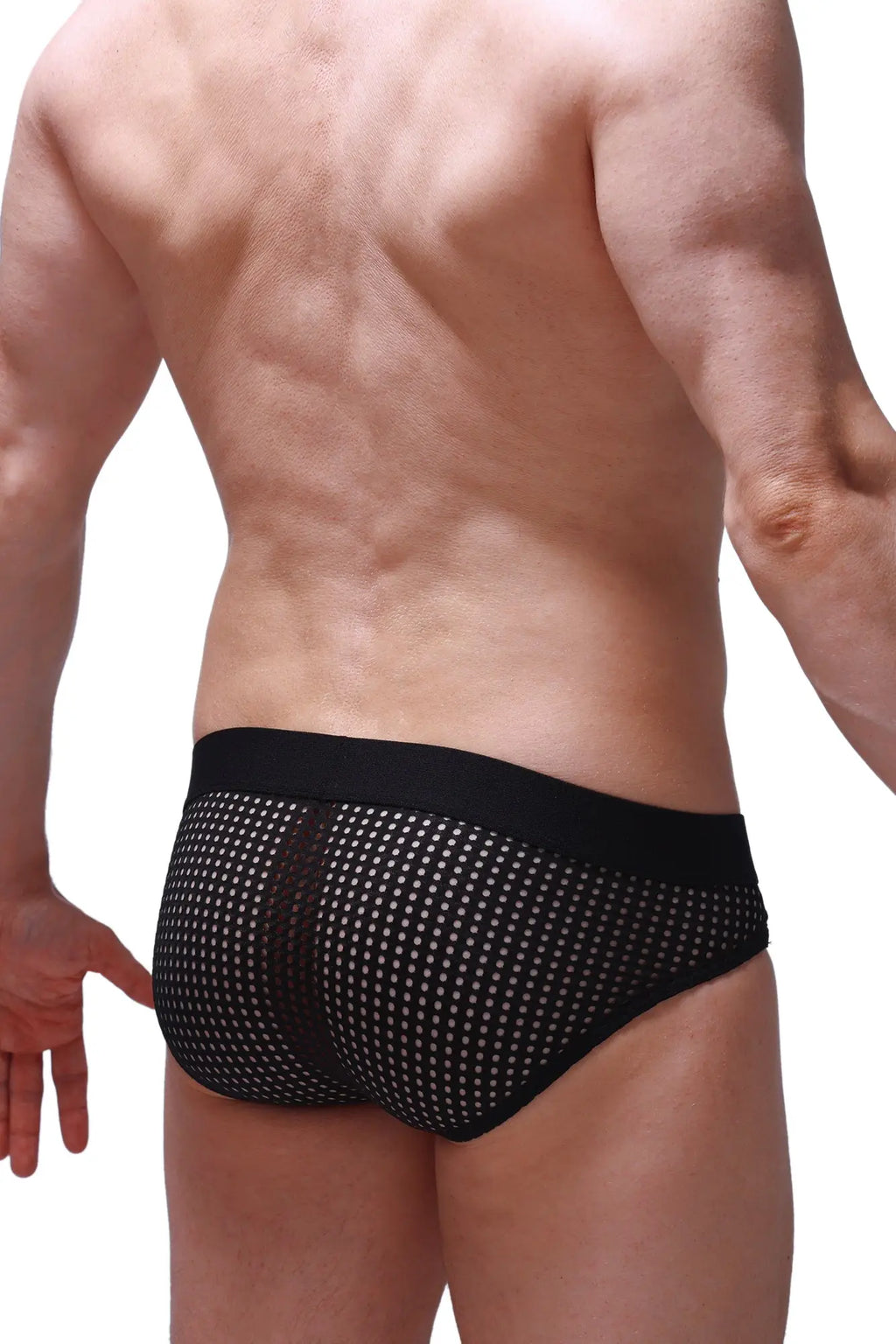 PetitQ brief Dolmen Durtol black mesh briefs with white dot pattern and solid black waistband front side view