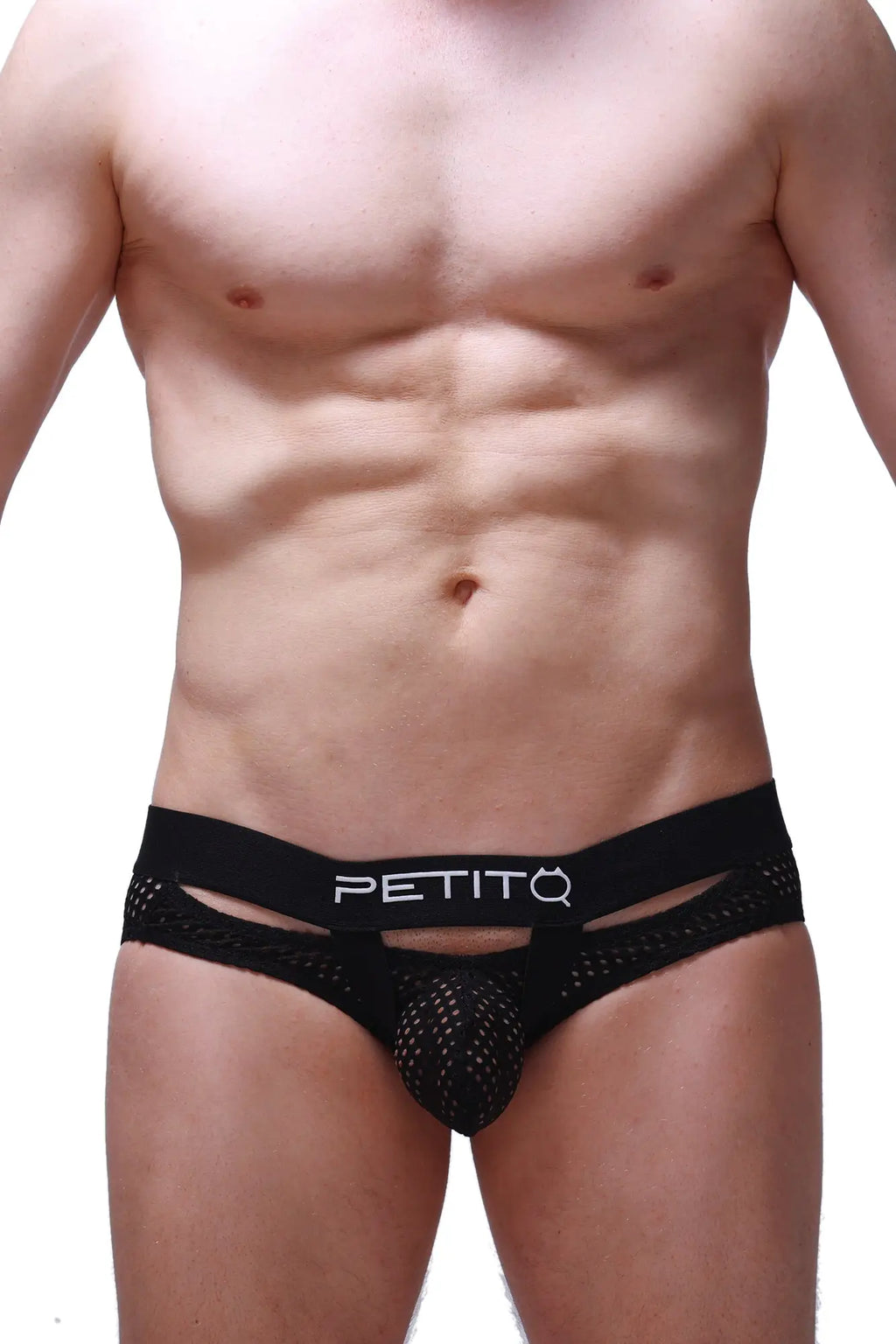 Black mesh briefs with white petitq logo on waistband showing front of petitq brief dolmen durtol black model