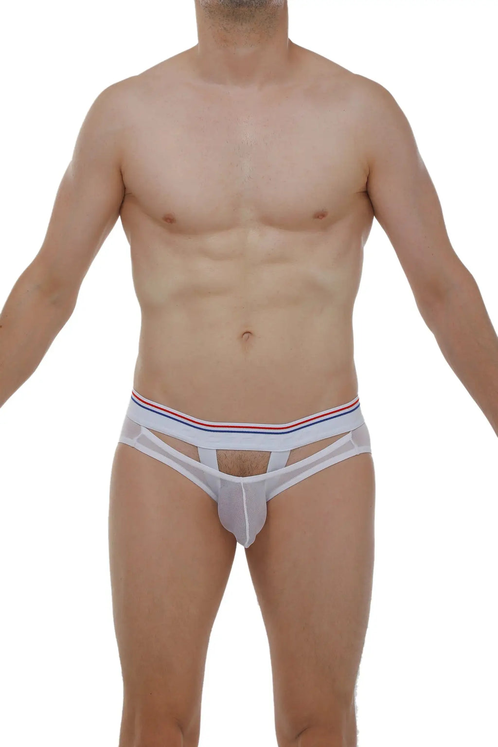 Petitq brief dolmen net white white mesh briefs with red white and blue striped waistband front view