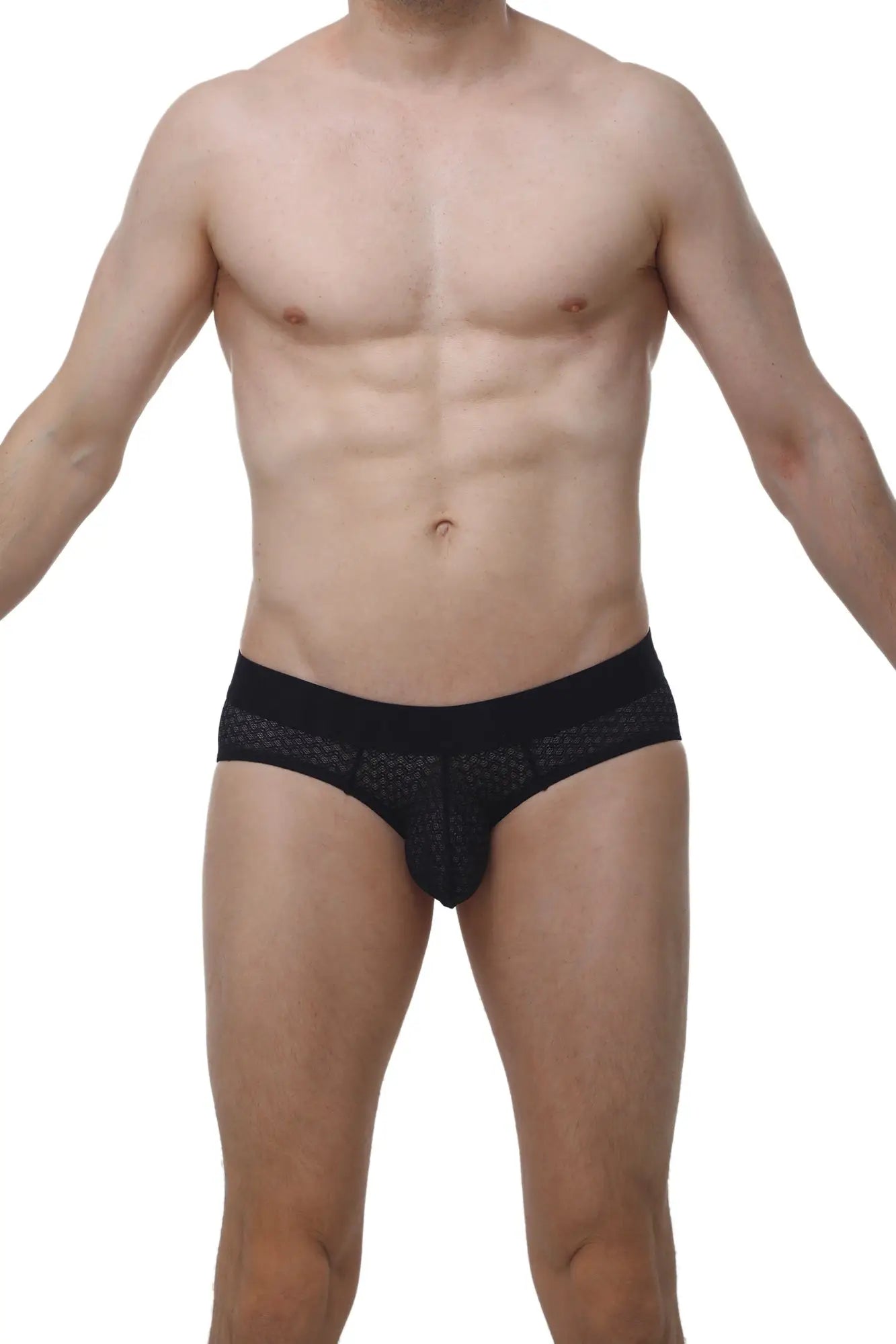 Black lace-trimmed petitq brief dome macra men’s briefs in textured breathable mesh fabric for comfort and style