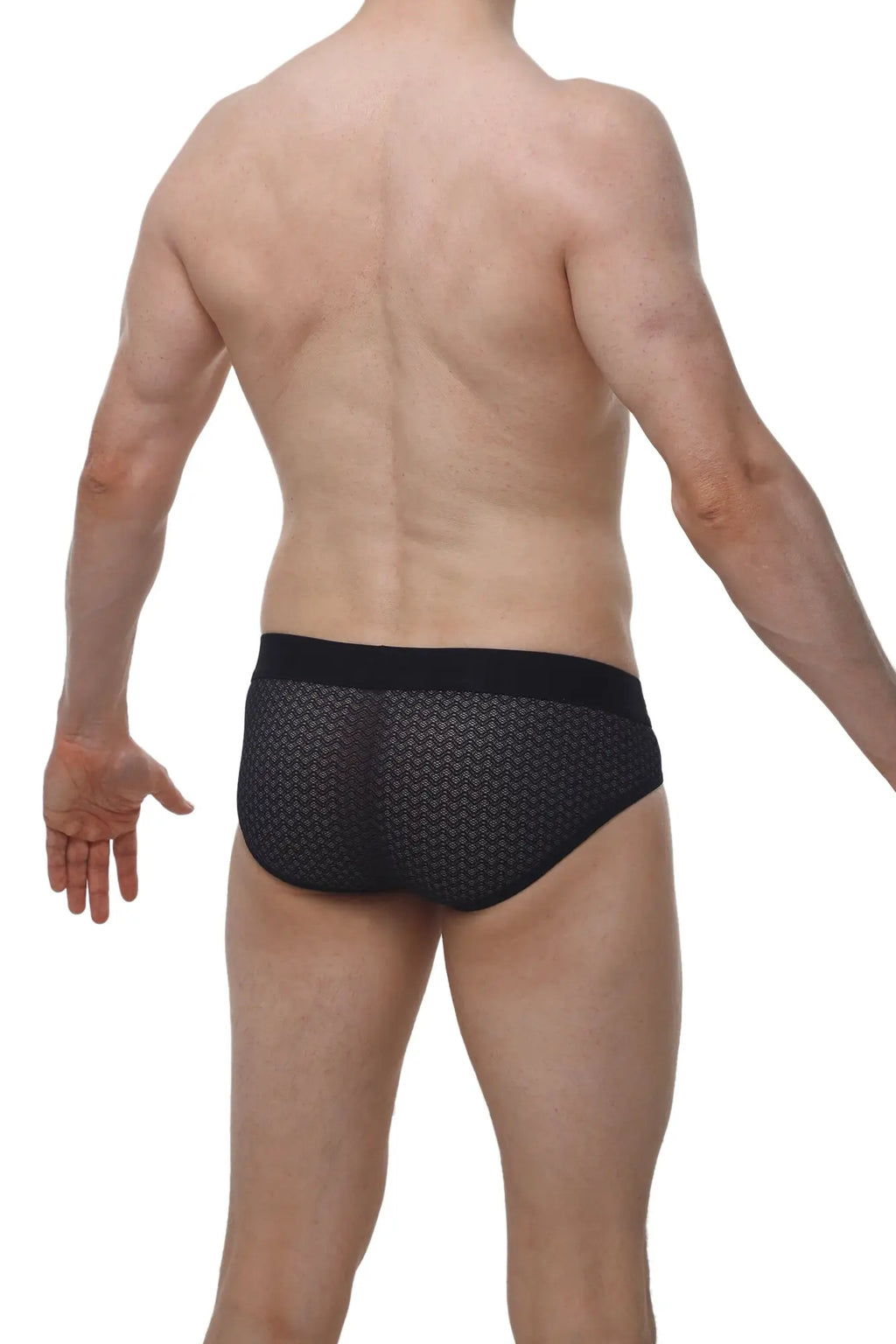 Black mesh petitq brief dome macra with geometric pattern and solid black waistband for comfortable wear